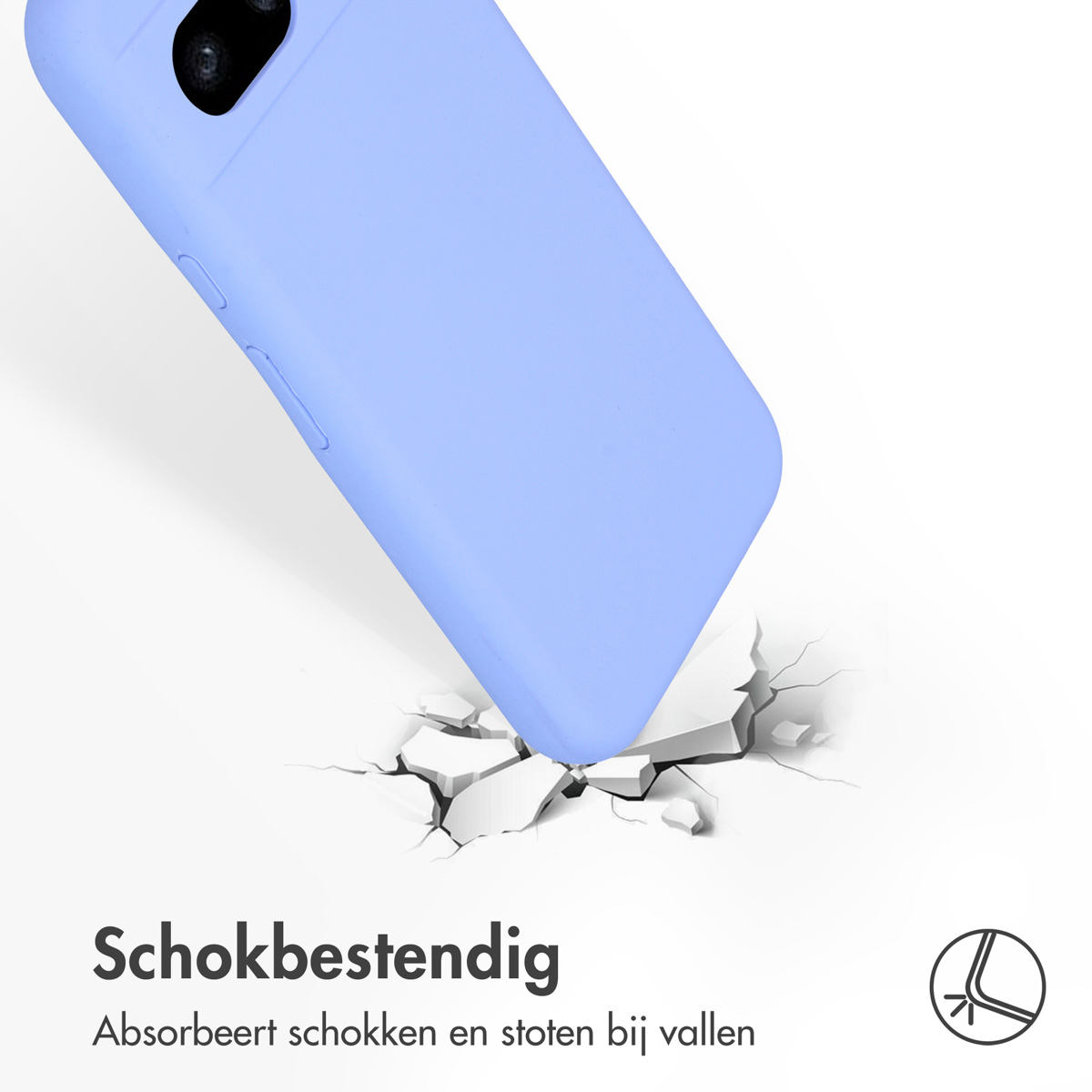Een blauwe telefoonhoes met een telefoon, die een wit oppervlak breekt. Scheuren zijn zichtbaar op het oppervlak.