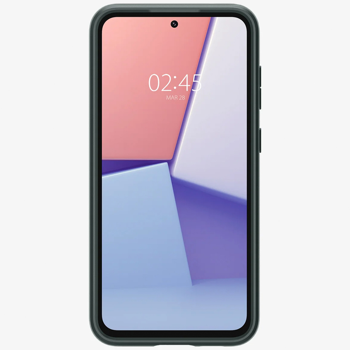 Telefono in una custodia, vista frontale, che mostra lo schermo con un orologio e uno sfondo geometrico.