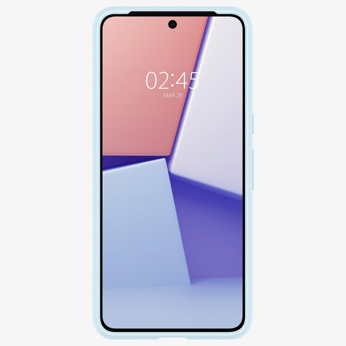 Een lichtblauwe telefoonhoes met een telefoon erin, met een roze en blauw scherm.
