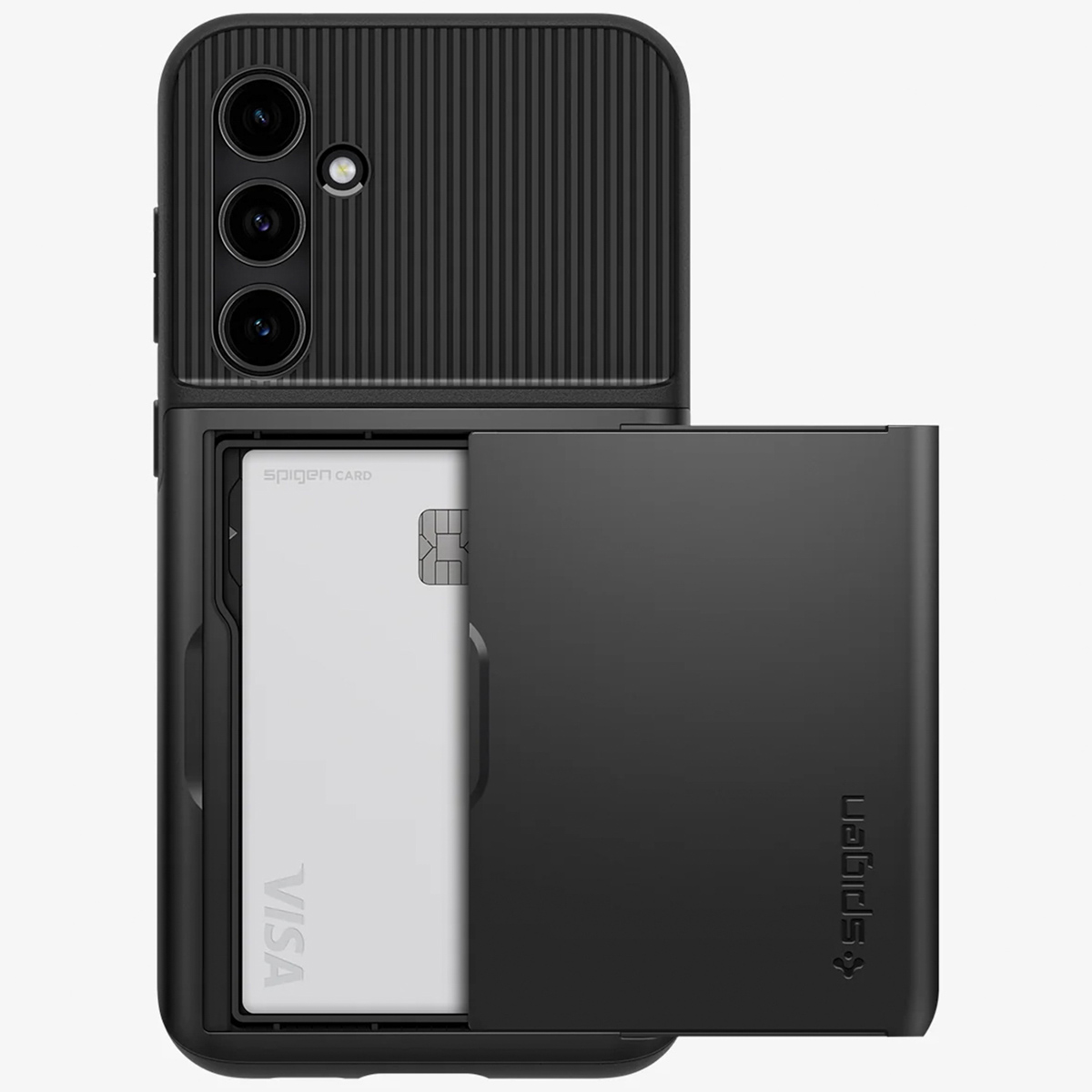 Custodia nera per telefono con porta carte. Una carta VISA è visibile, con un logo Spigen.