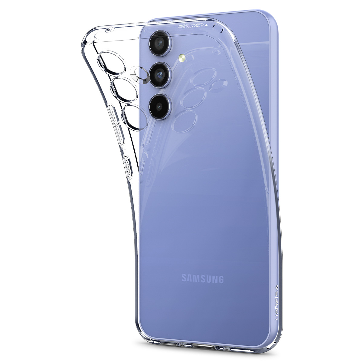 Custodia trasparente per telefono con telefono. Il telefono è viola e ha tre fotocamere. La custodia ha Spigen.