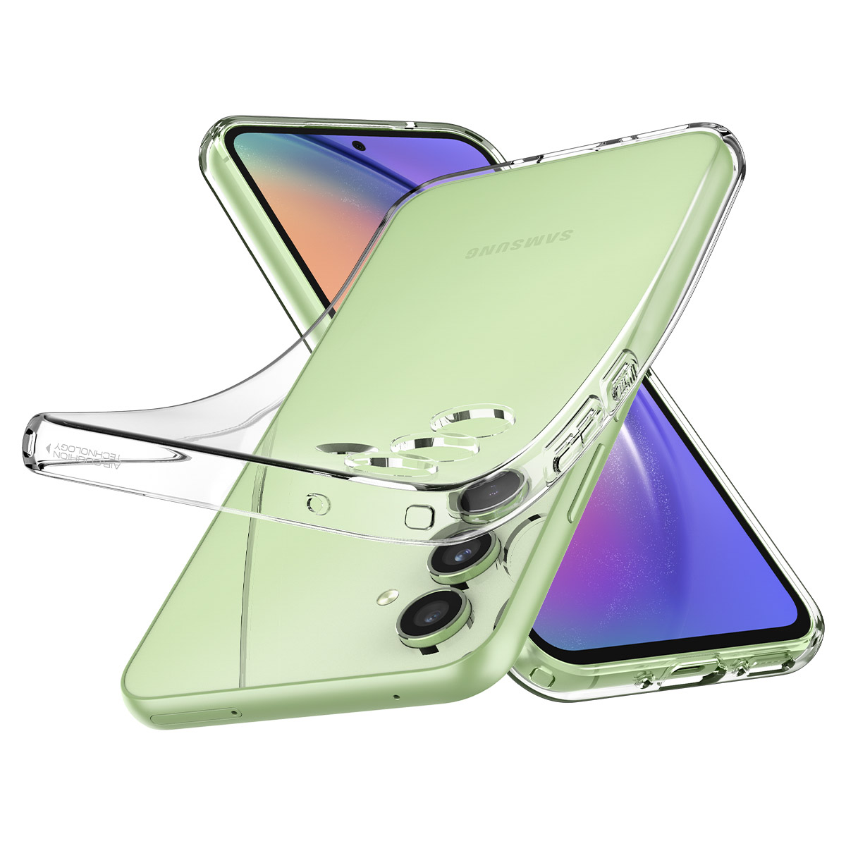 Due telefoni con custodie. Un telefono è verde. Entrambi sono su uno sfondo bianco.