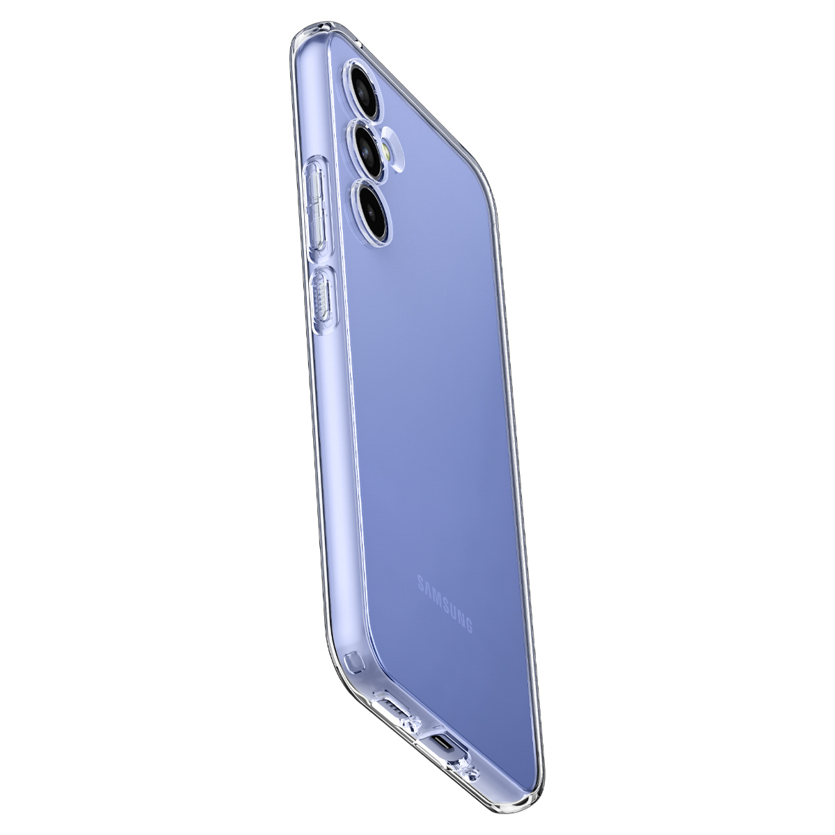 Custodia trasparente su telefono viola. La custodia ha tre fori per la fotocamera.