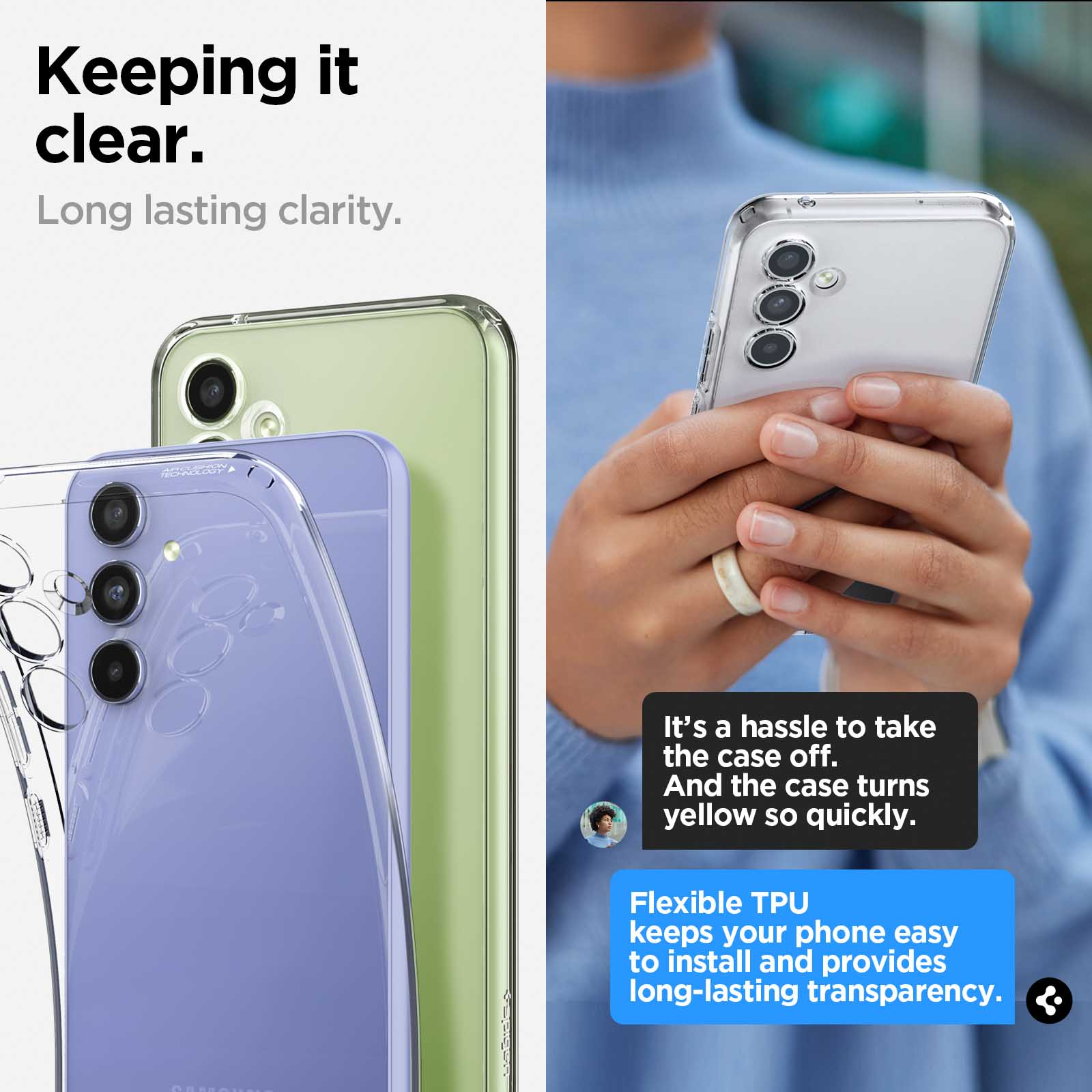 Tre telefoni in custodie trasparenti. Uno viola, uno verde e uno trasparente. Il testo spiega.