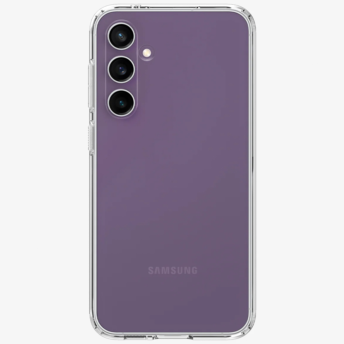 Lila Samsung-Telefon mit Dreifachkamera. Transparente Hülle, vertikales Design.