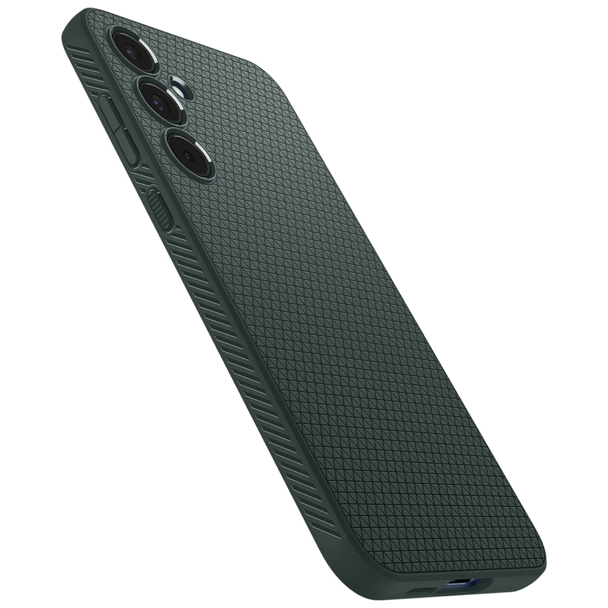 Custodia per telefono verde scuro con superficie strutturata, tre lenti della fotocamera e pulsanti laterali visibili.