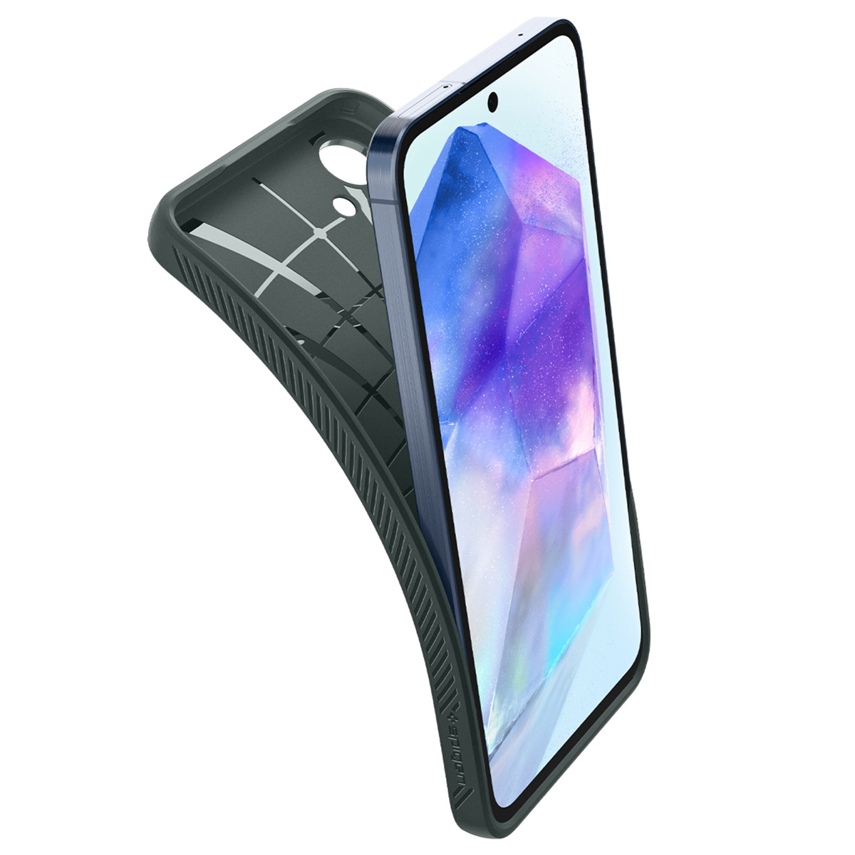 Telefono con schermo, custodia parzialmente, gradiente blu e viola, sfondo bianco.
