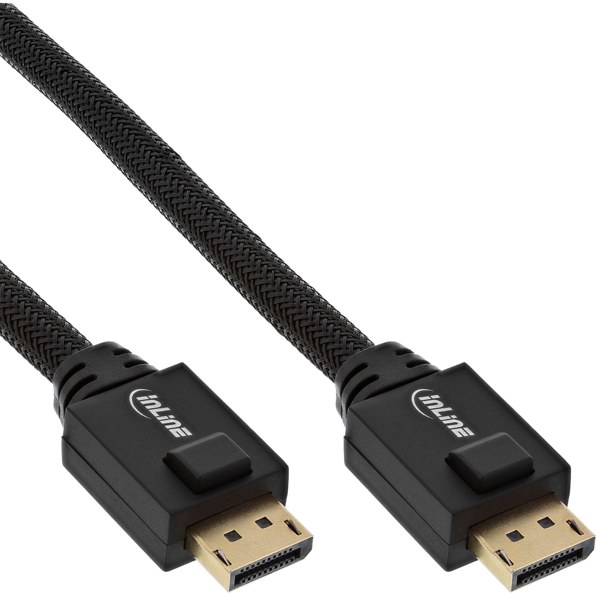 Schwarzes DisplayPort-Kabel mit Steckern an beiden Enden auf weißem Hintergrund.