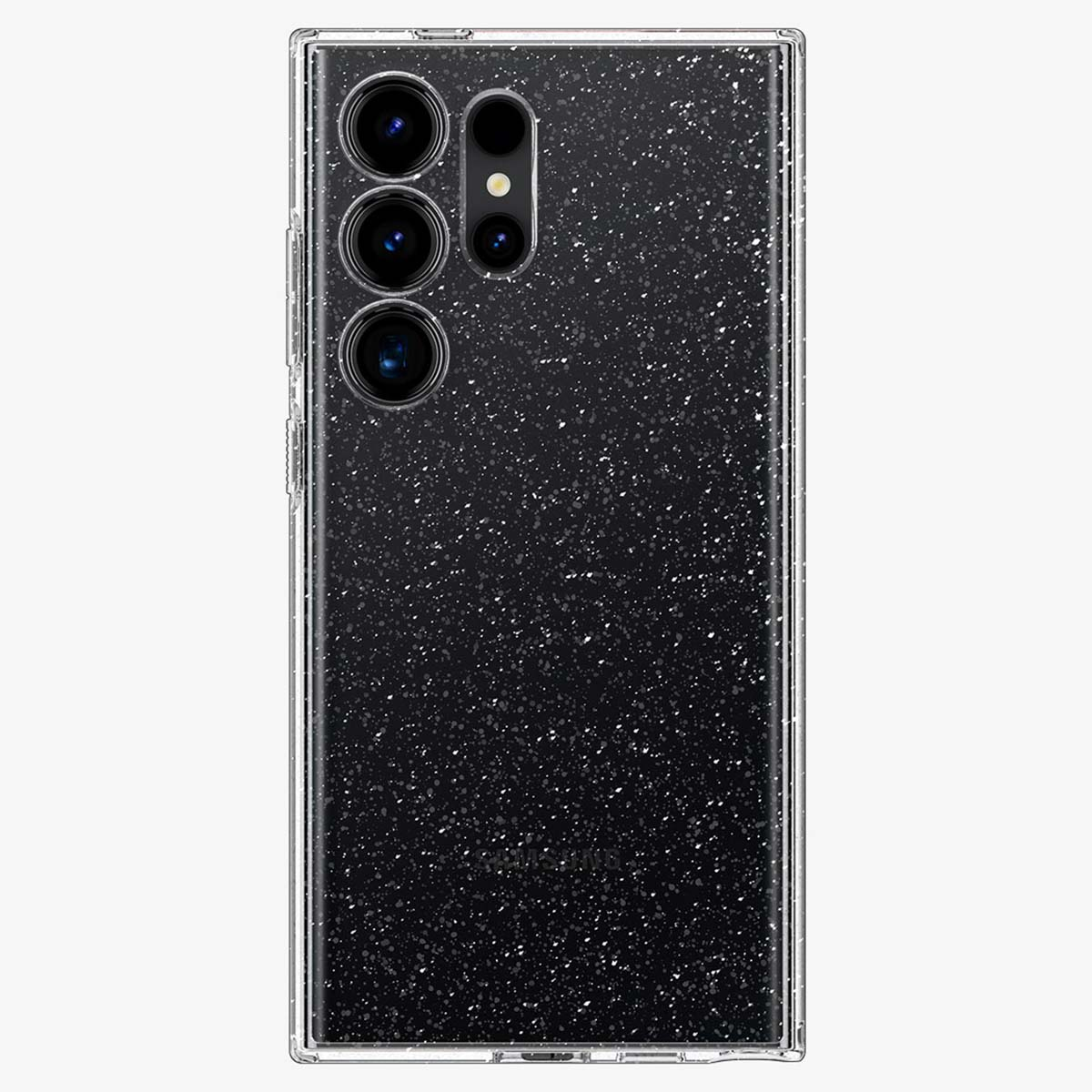 Zwarte telefoon met glitterachterkant. Het heeft drie camera's en een flitser. De transparante hoes omrandt het scherm.