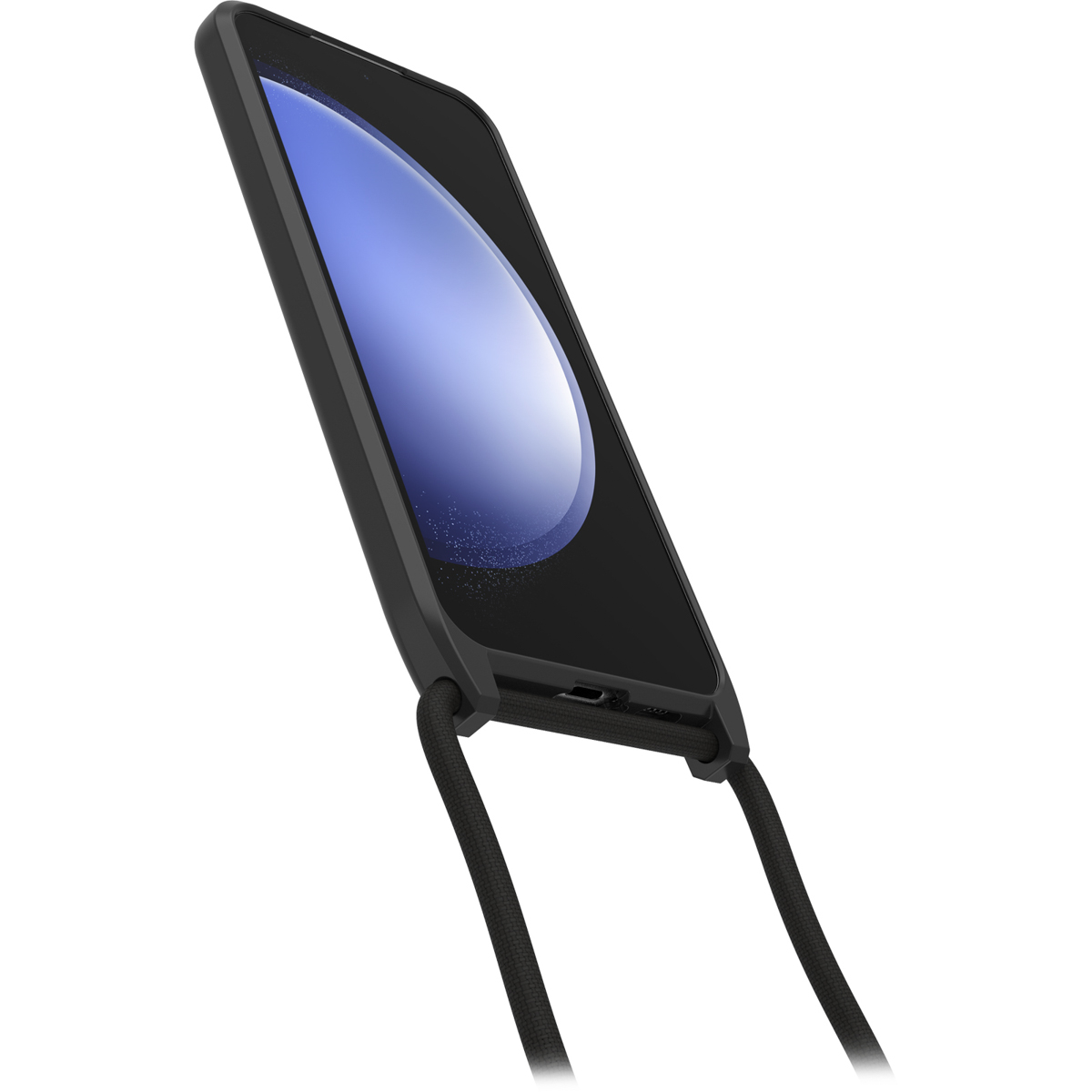 Telefono nero in una custodia con cordino nero. Il telefono è inclinato.