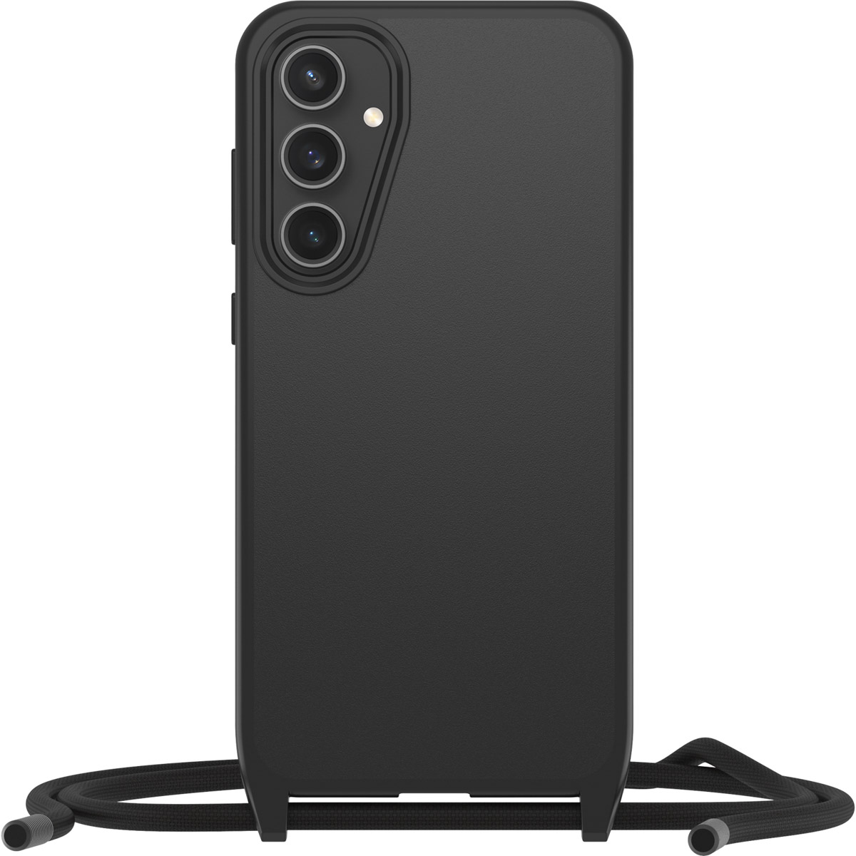 Telefono nero in una custodia con un cordino. La custodia ha un retro strutturato.