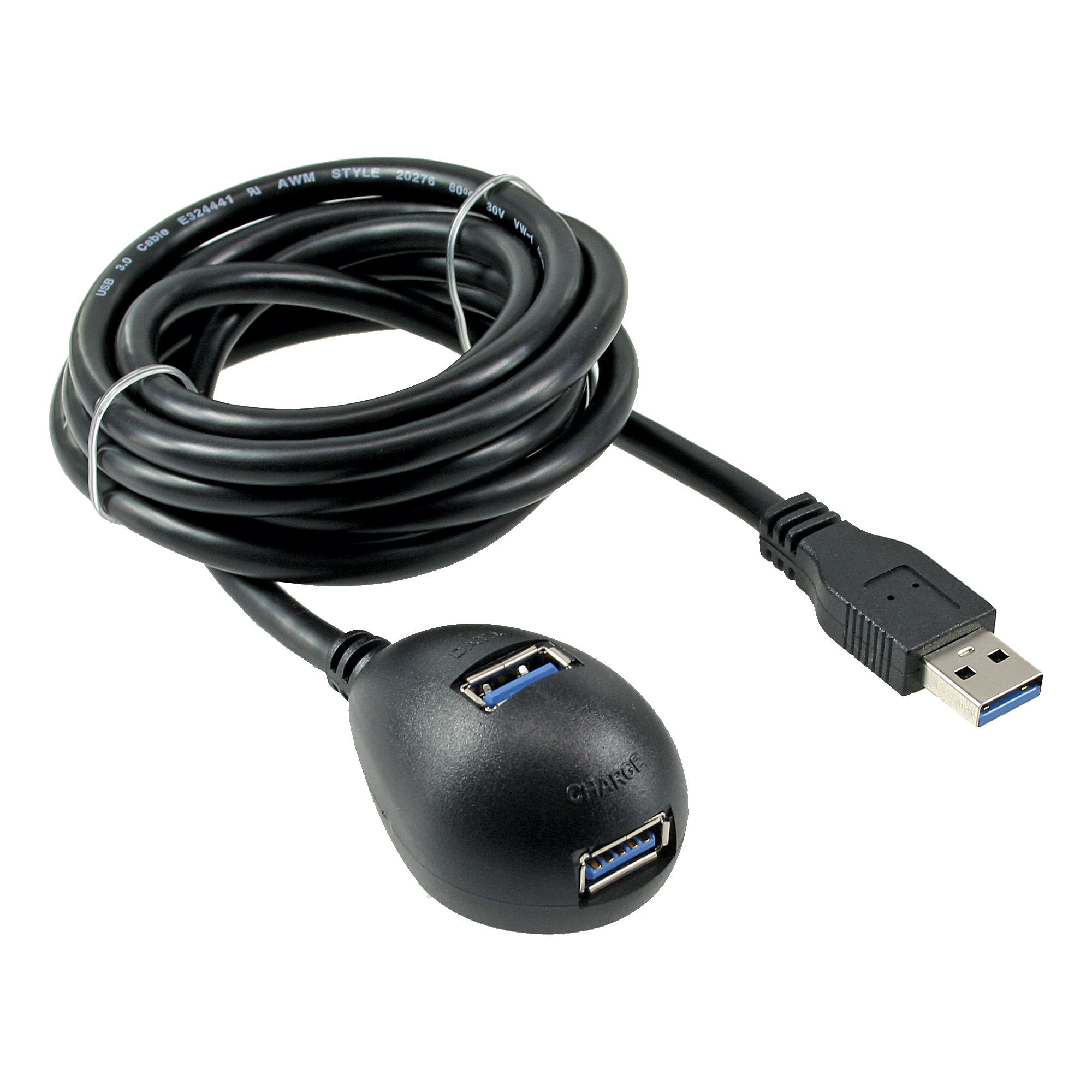 Ein schwarzes USB-Verlängerungskabel mit zwei USB-Anschlüssen. Es ist aufgerollt.