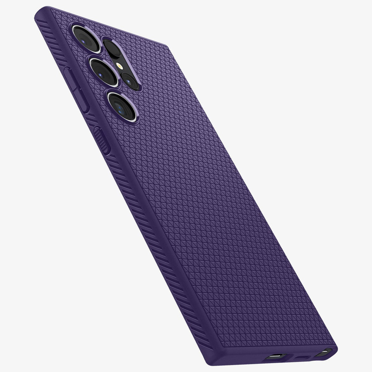 Custodia per telefono viola con superficie strutturata, tre lenti della fotocamera e pulsanti laterali visibili.