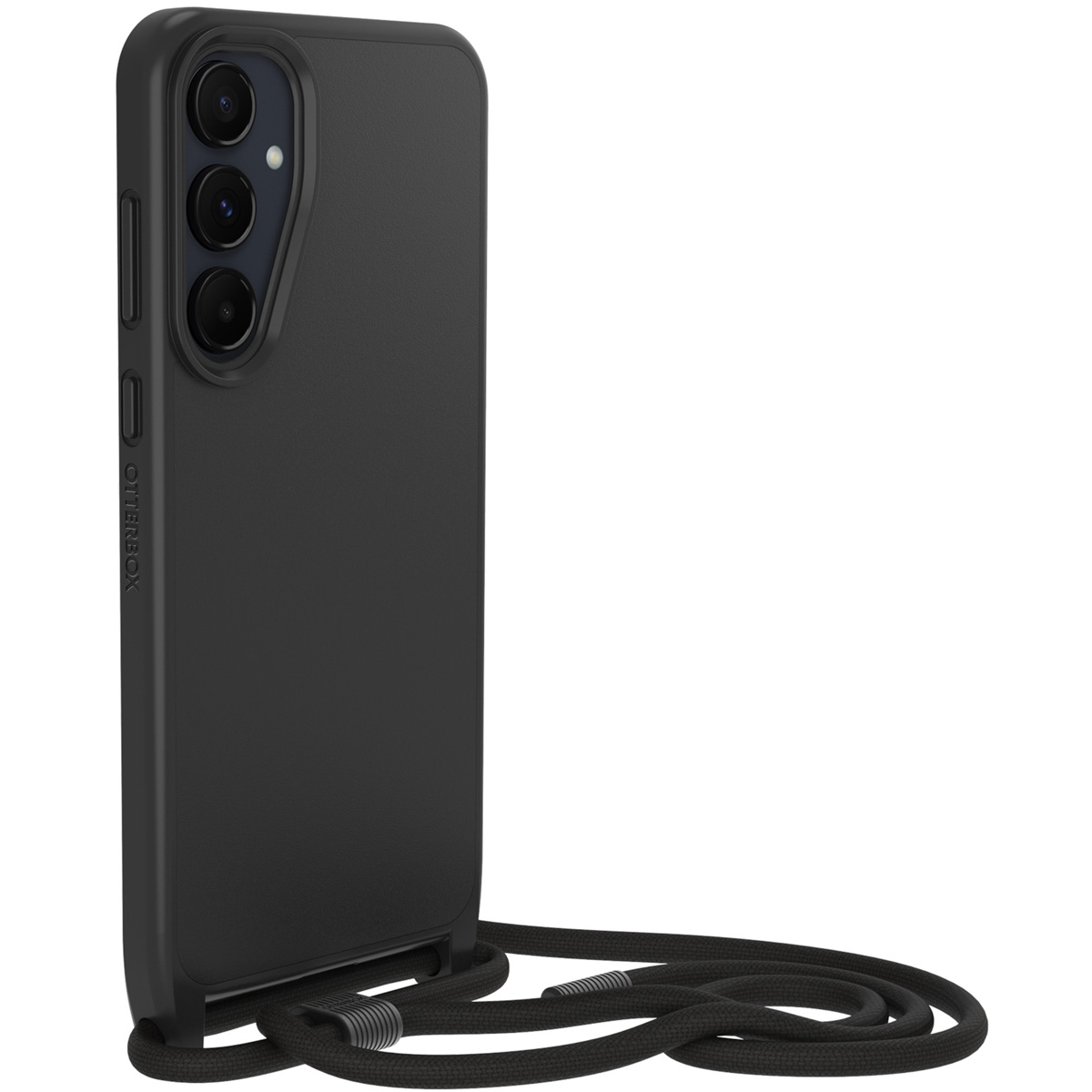 Telefono nero con cordino nero. Il marchio è Otterbox.