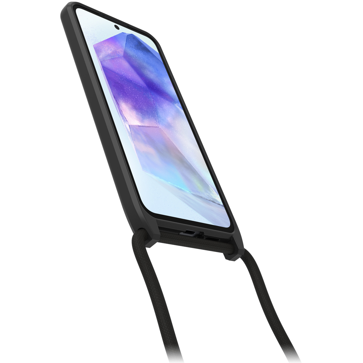 Custodia nera per telefono con cordino nero. Schermo del telefono visibile con app.