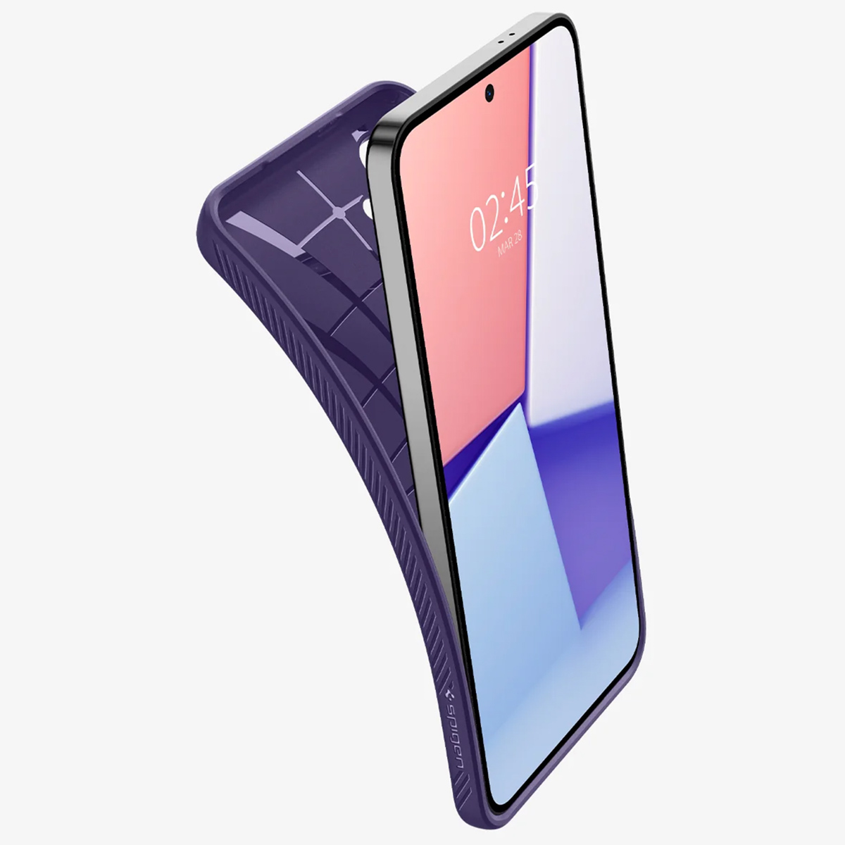 Custodia viola con telefono dentro, angolata a destra. Schermo mostra ora e grafica.