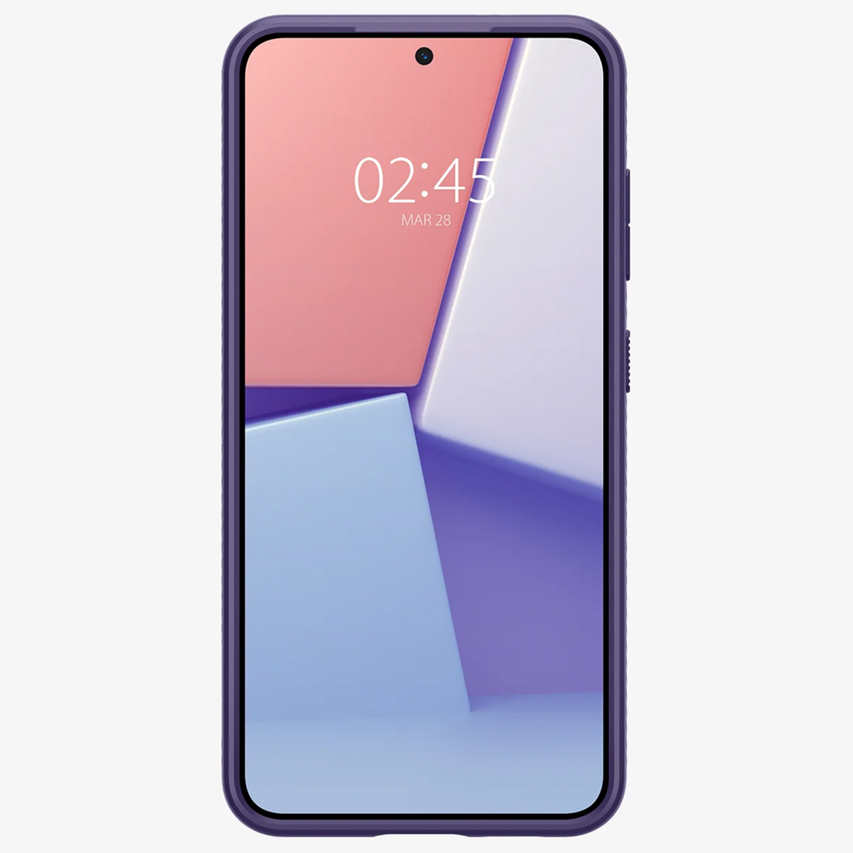 Telefono viola in una custodia. Lo schermo mostra una grafica rosa e blu, con l'ora.