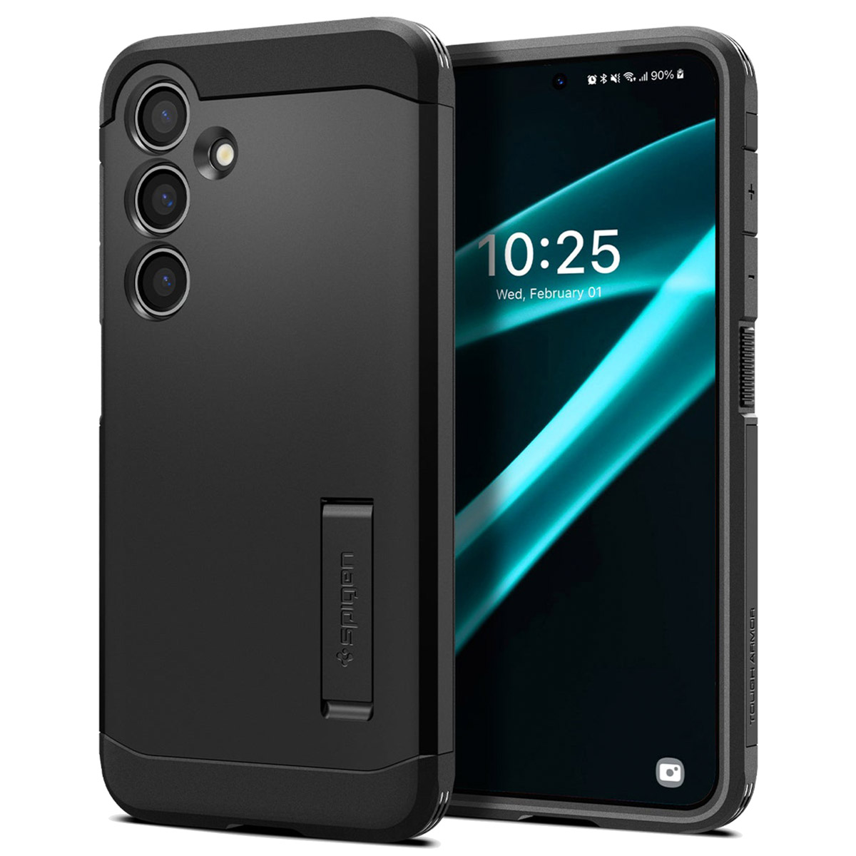 Coque de téléphone noire avec support et téléphone affichant l'heure et la date.