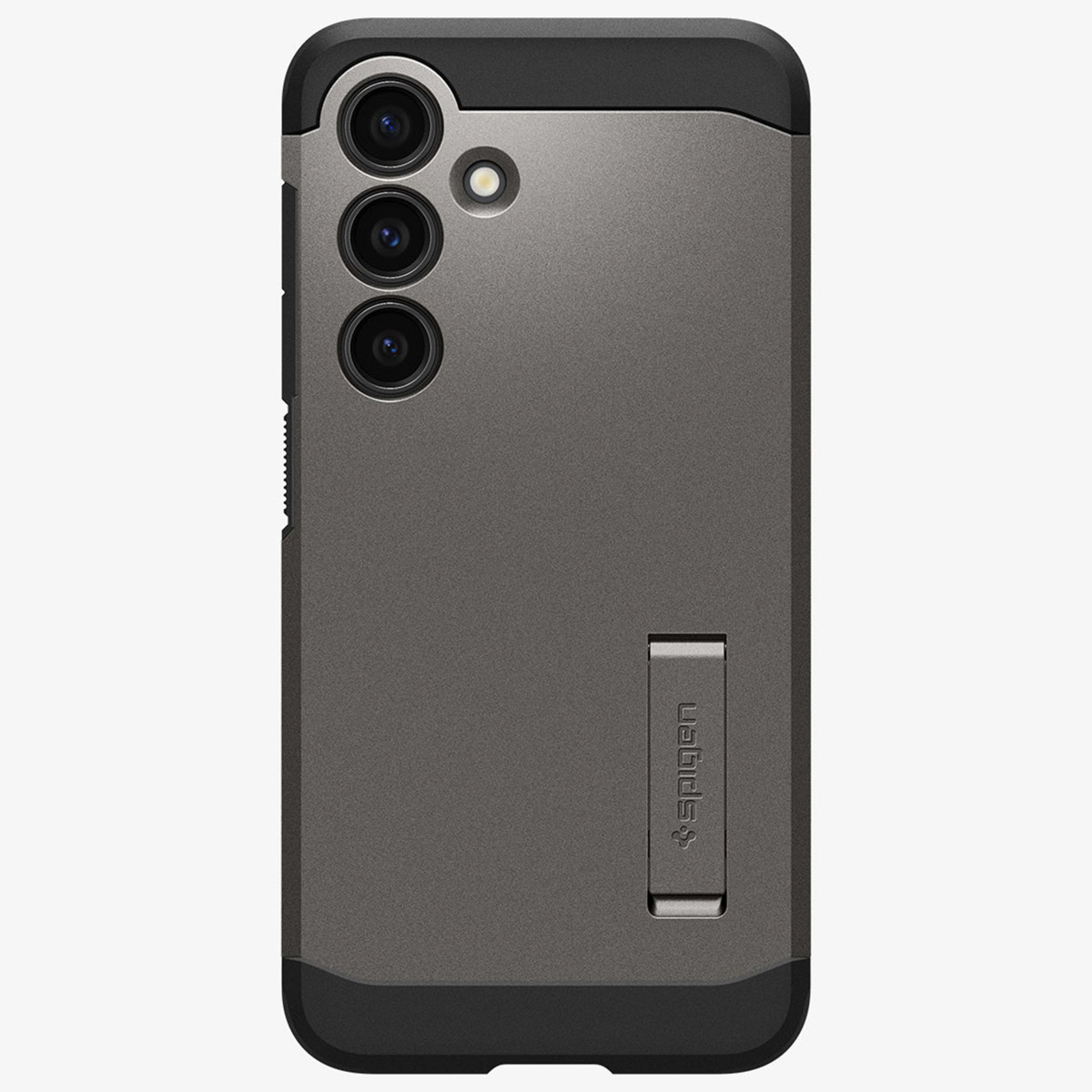 Coque de smartphone grise et noire avec trois caméras sur fond blanc.