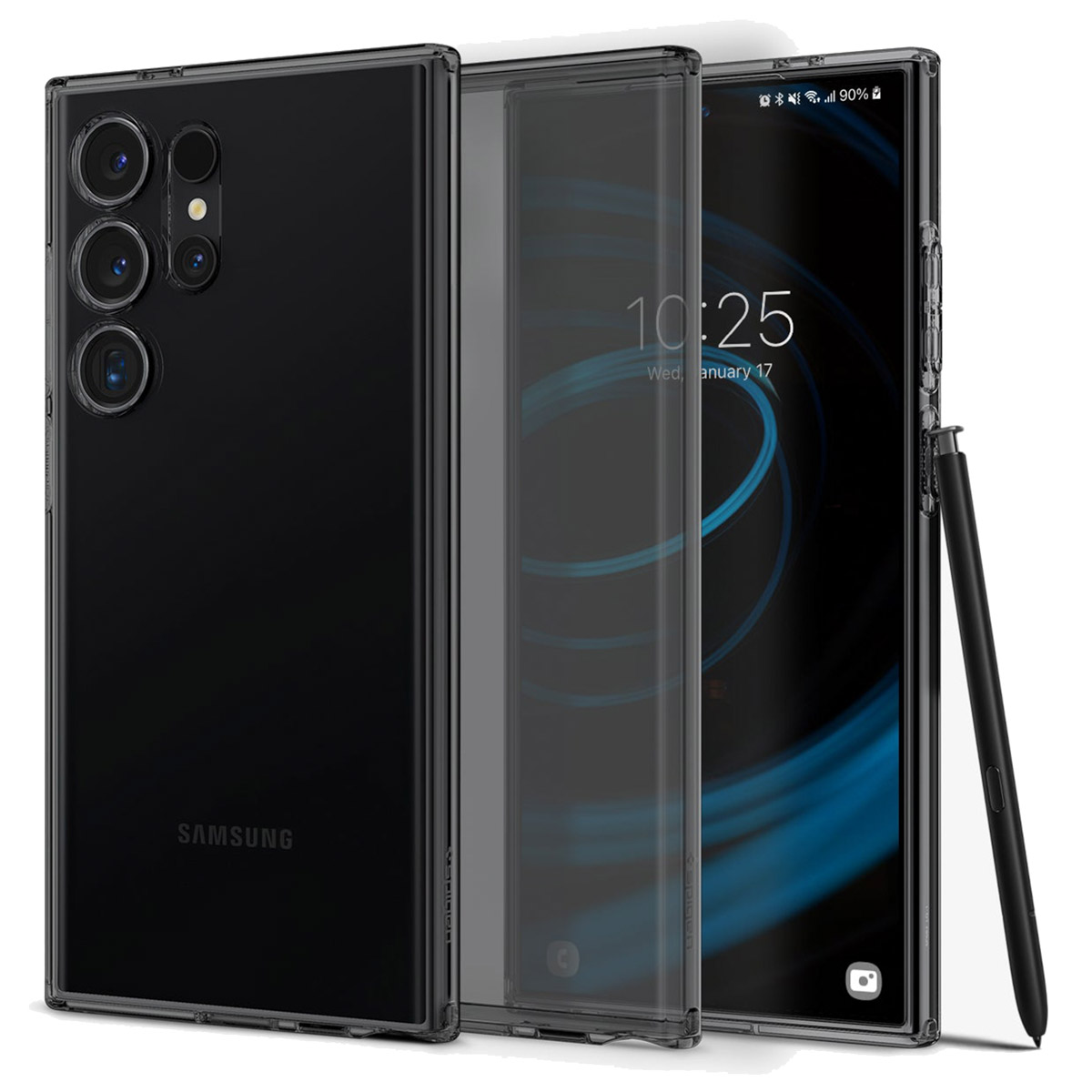 Telefoon met doorzichtige hoes en pen. De telefoon is zwart met camera's. De pen is zwart.
