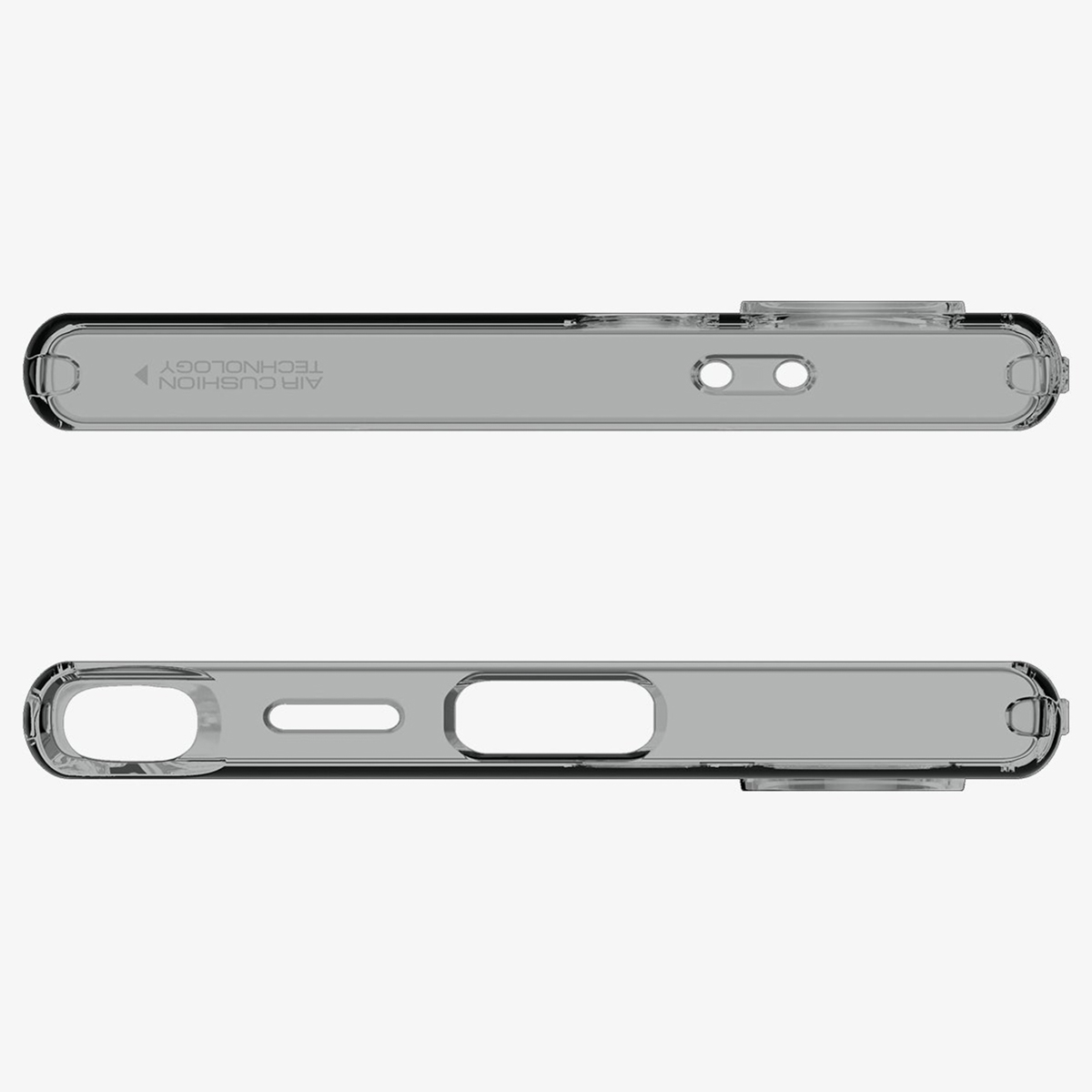 Twee transparante telefoonhoesjes, met de boven- en zijkanten met uitsparingen.