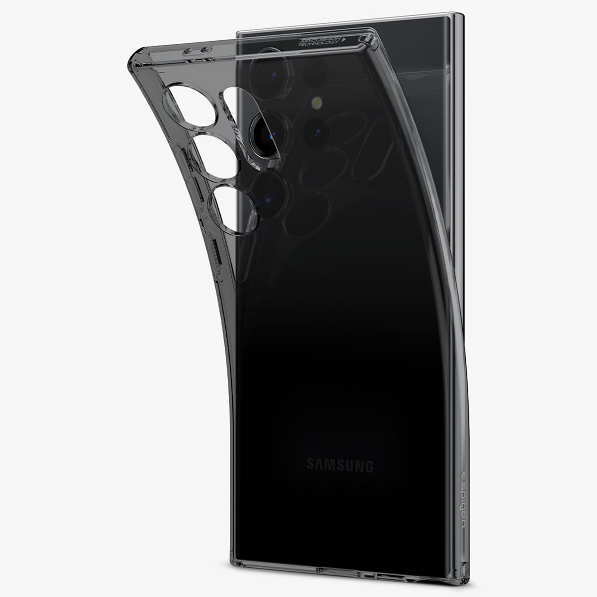 Transparante telefoonhoes op een telefoon. De telefoon heeft drie cameralenzen en het Samsung-logo.
