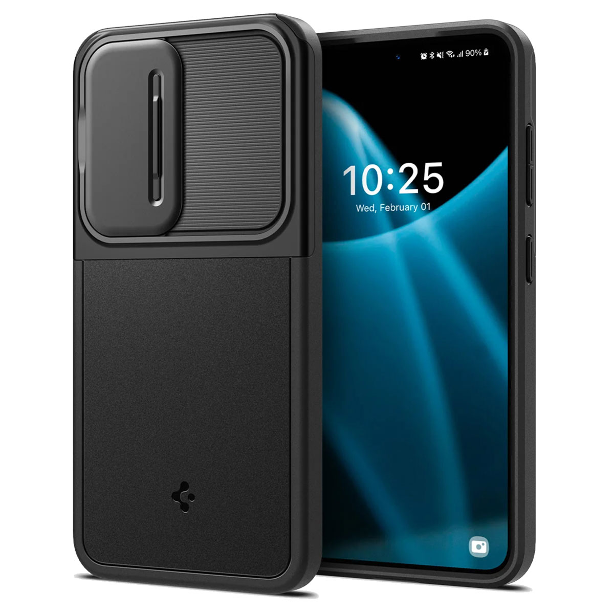 Custodia nera, telefono dentro, schermo visibile, testo sullo schermo, sfondo nero.