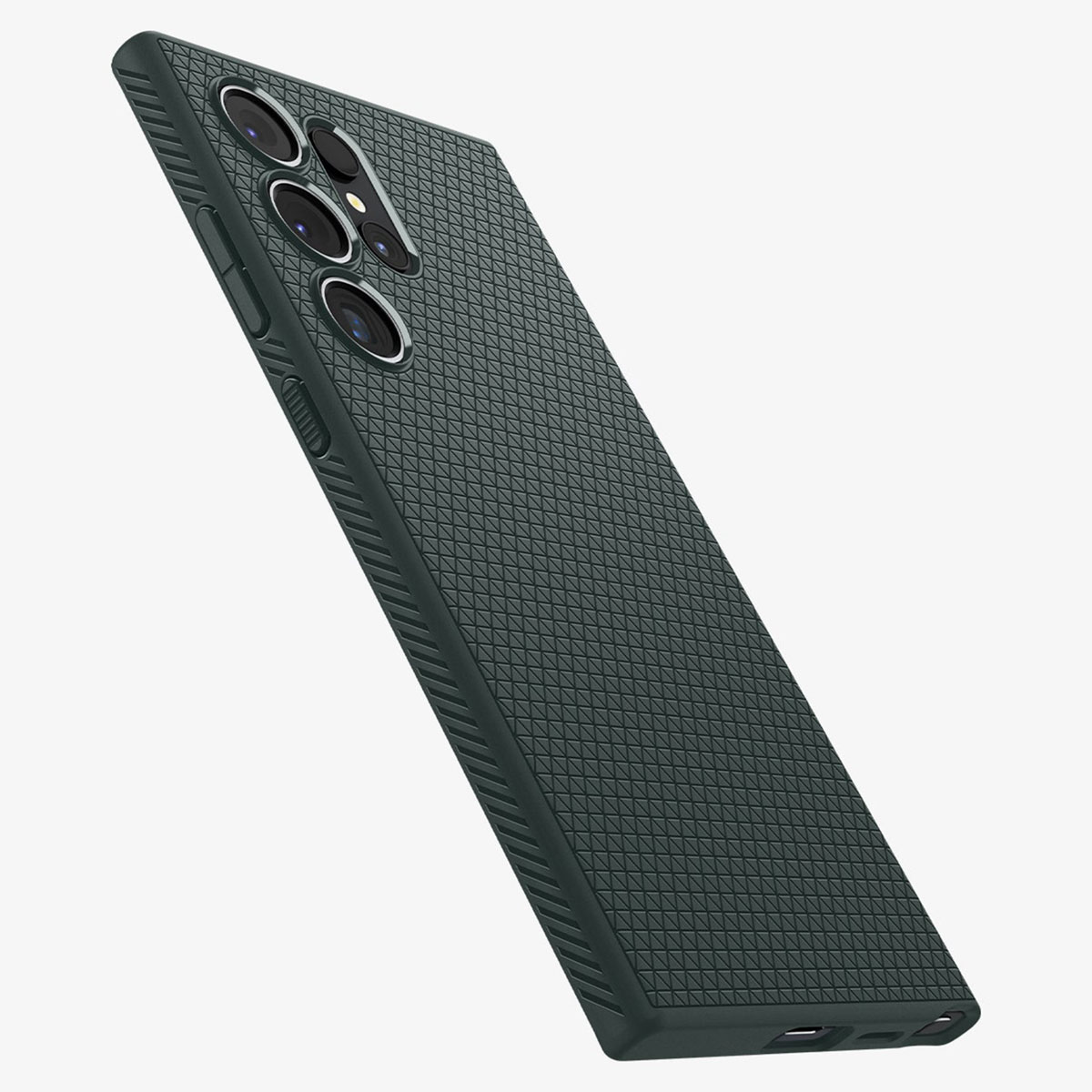 Custodia per telefono verde scuro con superficie strutturata e obiettivi della fotocamera, su sfondo bianco.