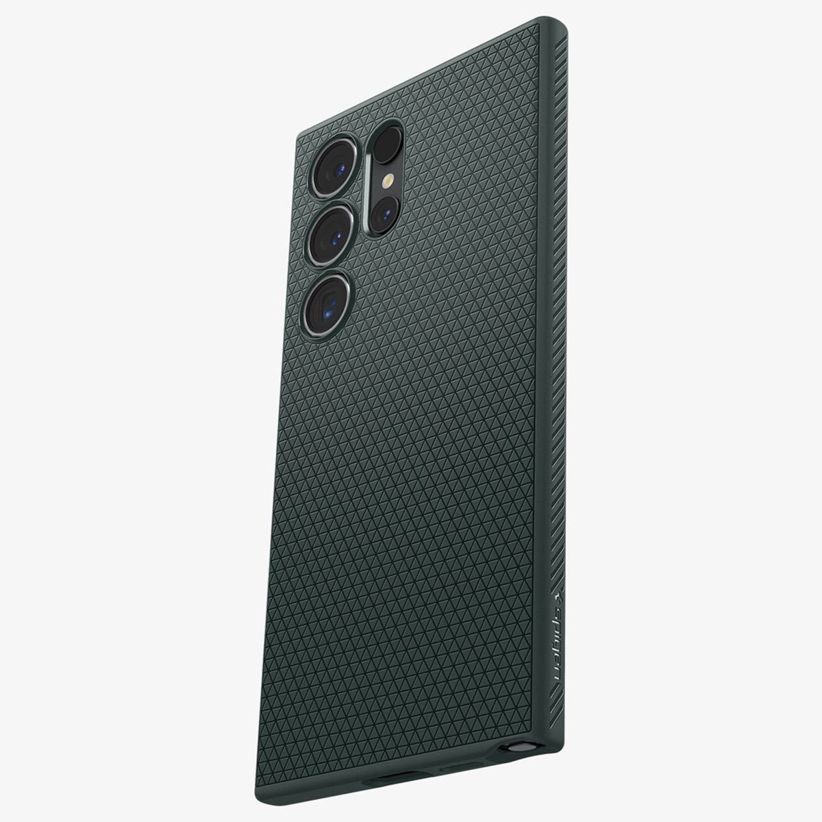 Custodia nera per telefono con retro a fantasia. La custodia ha un motivo triangolare sul retro.