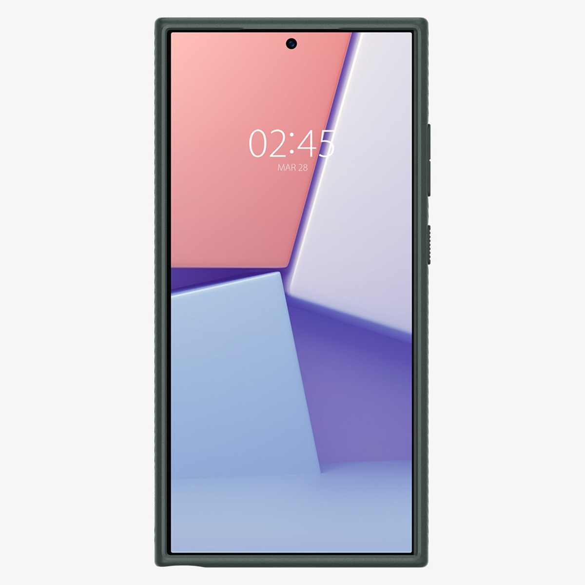 Telefono con schermo, custodia sopra, ora e data visualizzate, cornice nera, sfondo grigio.