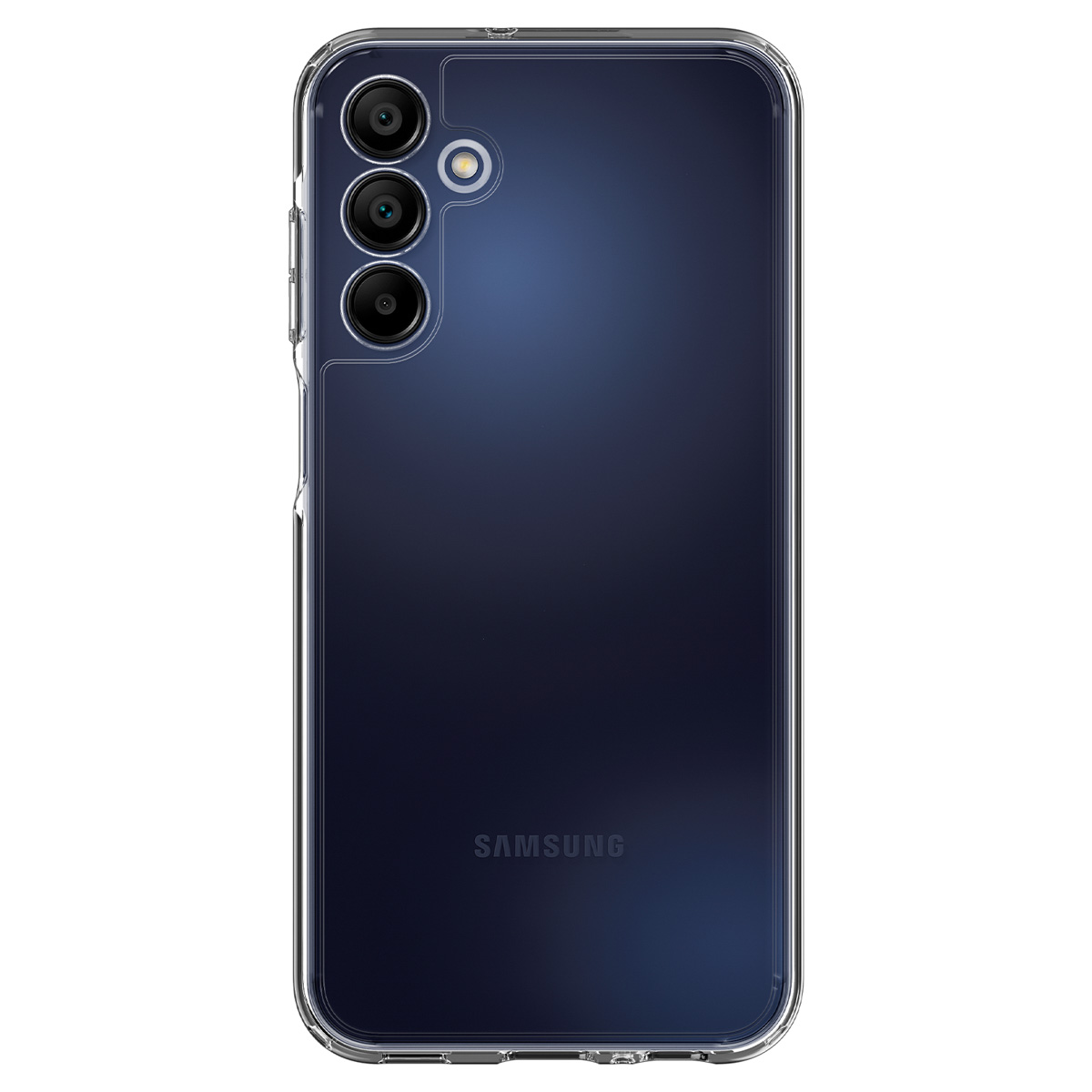 Telefono Samsung con tripla fotocamera, in una custodia trasparente. Il telefono è blu scuro.