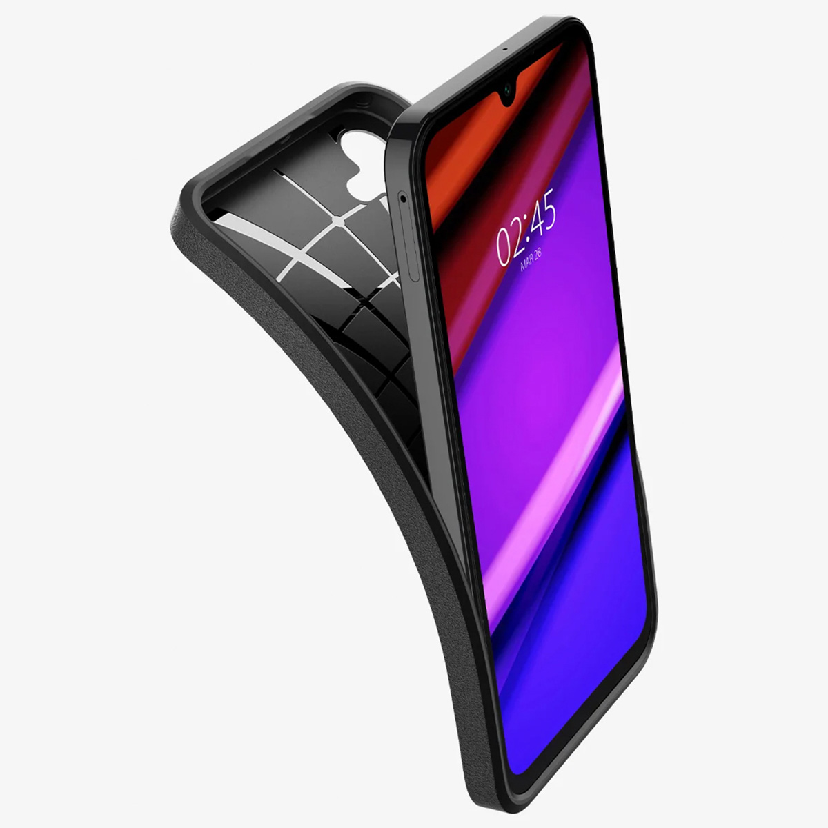 Coque de téléphone noire avec un téléphone à l'intérieur, l'écran est visible et affiche l'heure et la date.