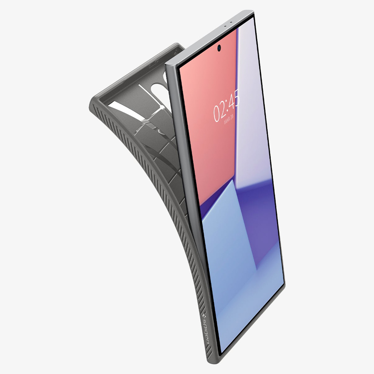 Smartphone in una custodia, design astratto sullo schermo, sfondo bianco.