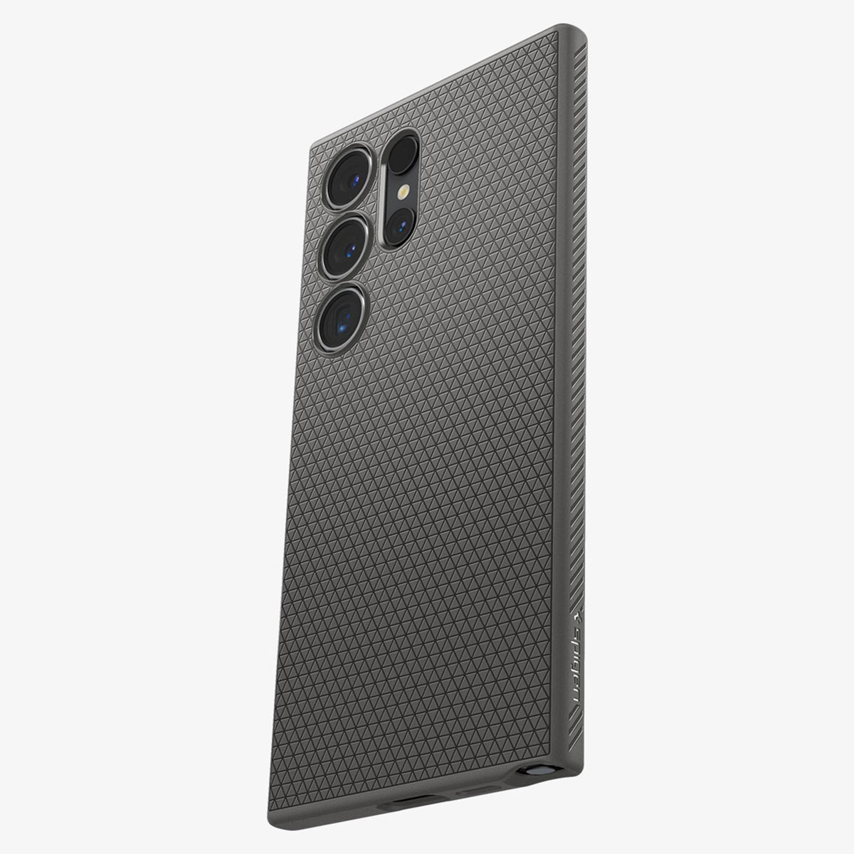 Custodia per telefono grigio scuro con motivo strutturato. Ritagli per fotocamera e pulsanti.