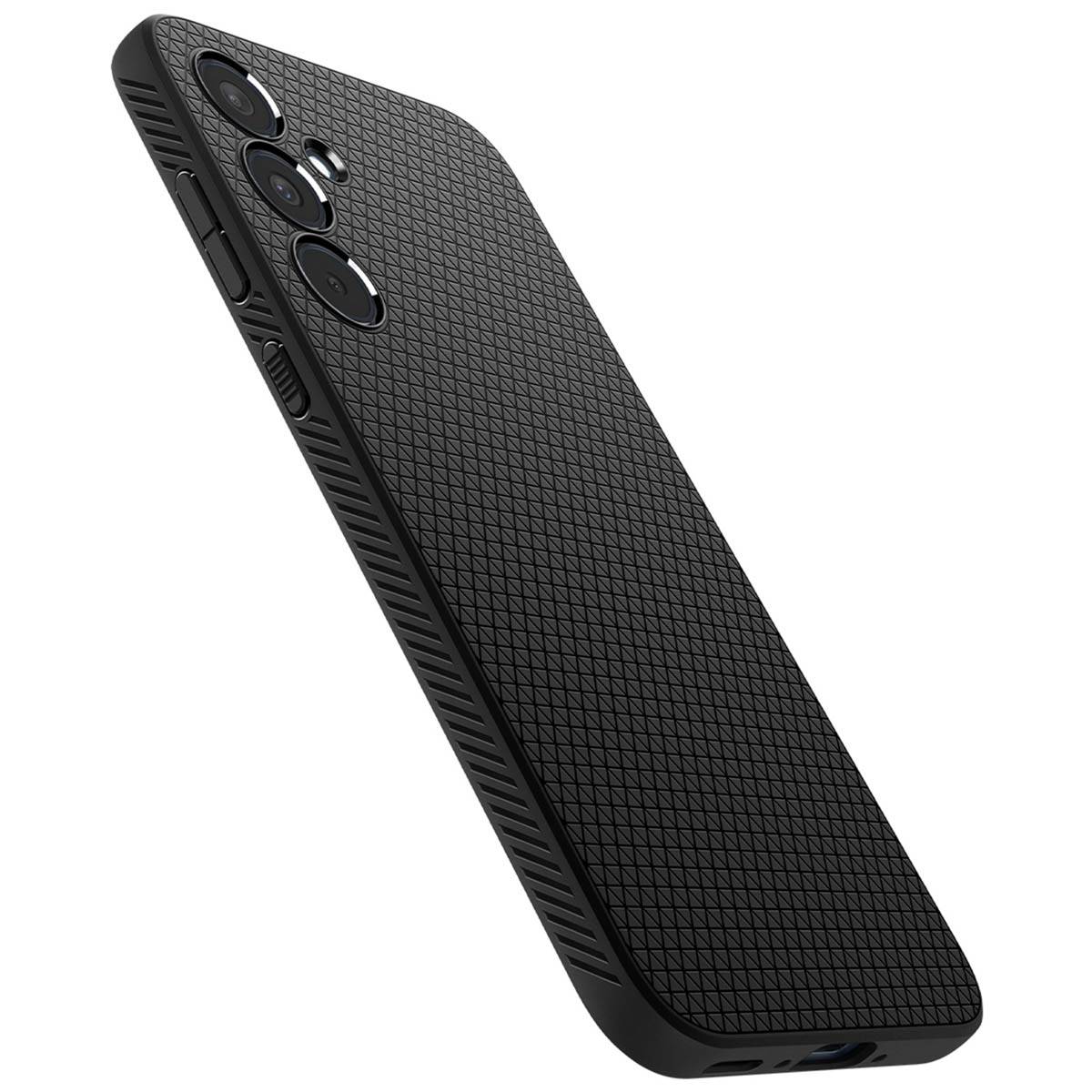 Czarne etui na telefon z teksturowaną powierzchnią. Etui na białym tle.