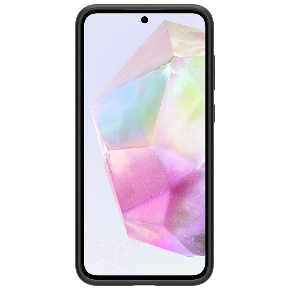 Telefon w czarnym etui. Geometryczne tło.
