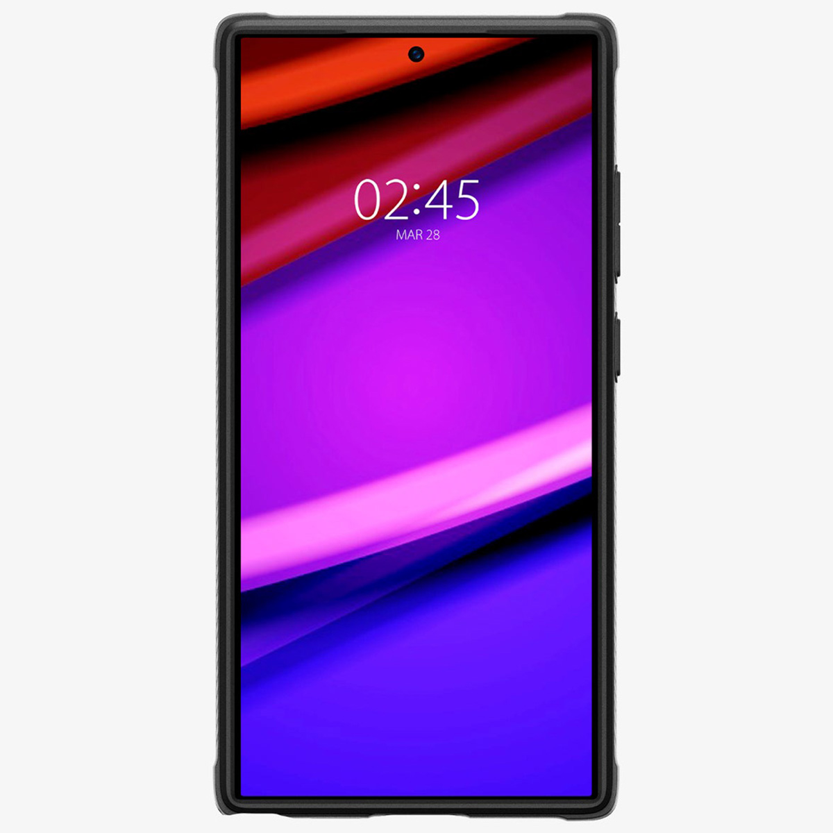 Zwarte telefoon met paarse en oranje abstracte achtergrond op het scherm.