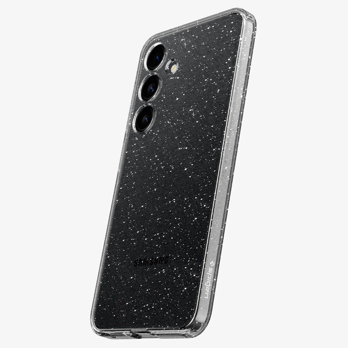 Telefoon in een doorzichtige, gespikkelde hoes, met drie cameralenzen zichtbaar.