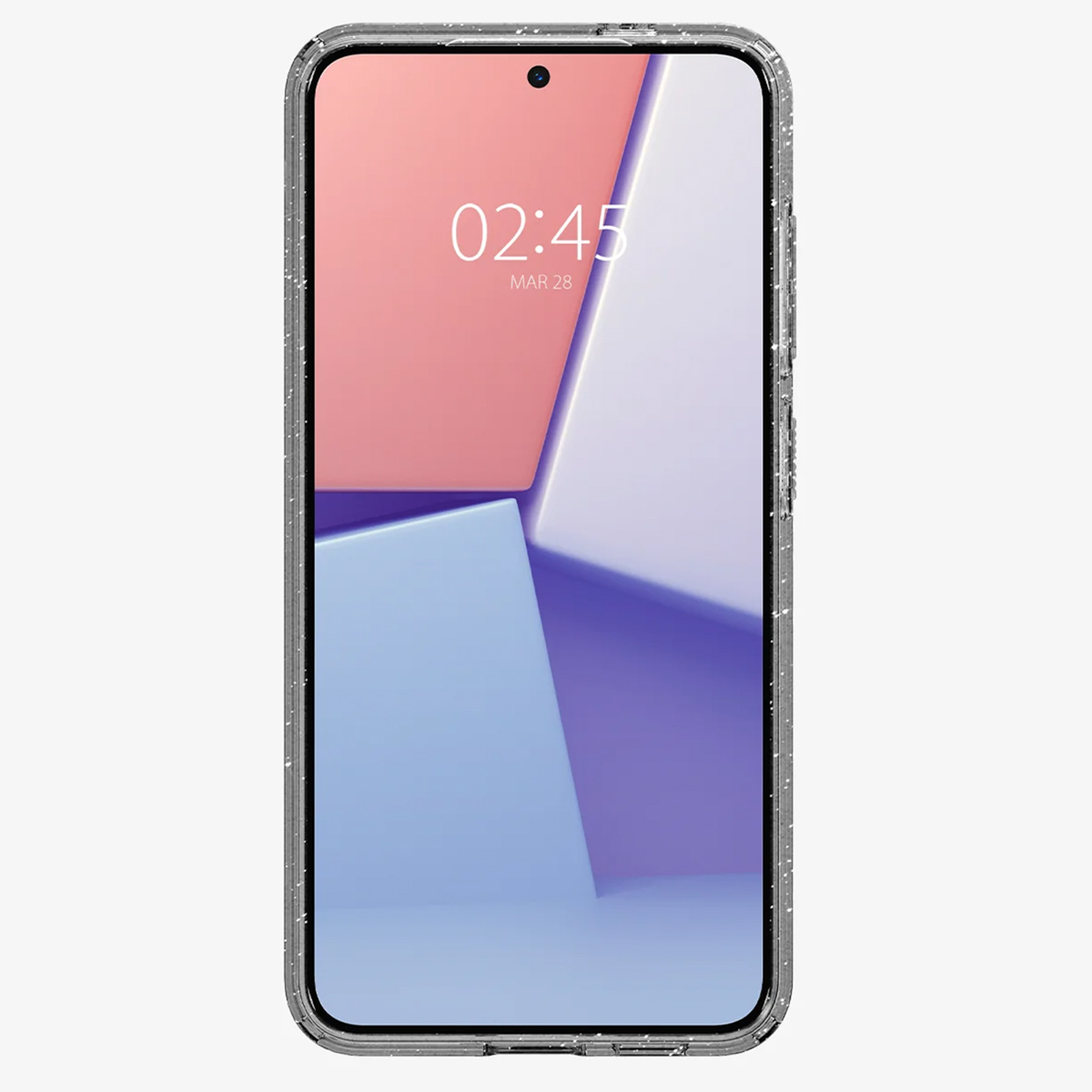 Smartphone in een doorzichtig hoesje met een kleurrijk abstract ontwerp.