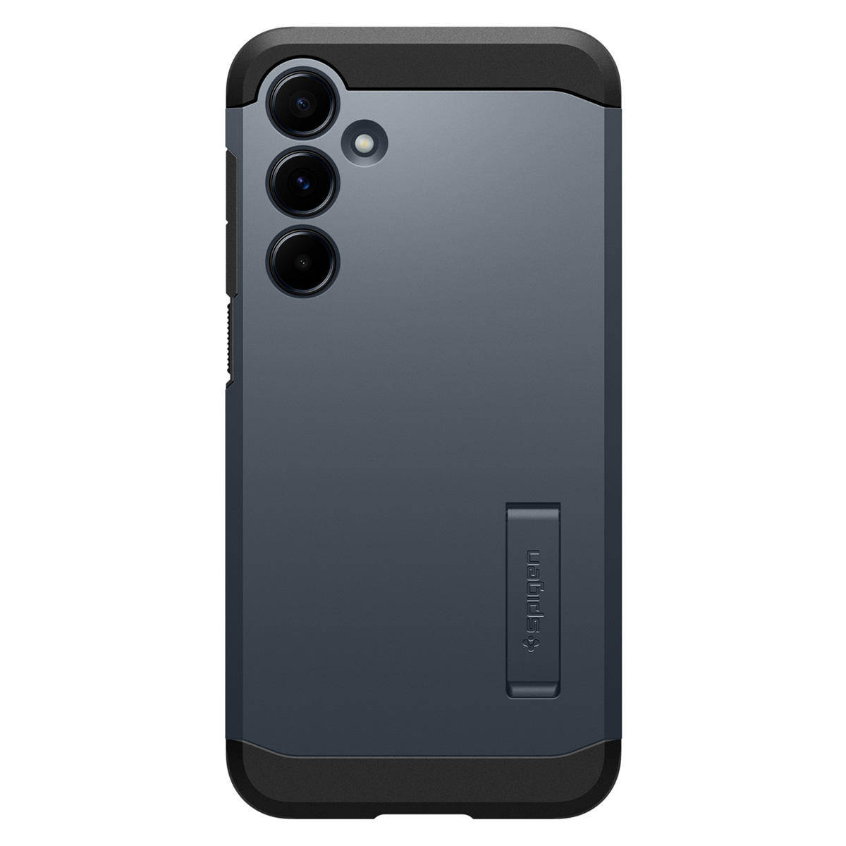 Een smartphonehoesje in donkerblauw en zwart. De hoes heeft een standaard en een camera-uitsparing.