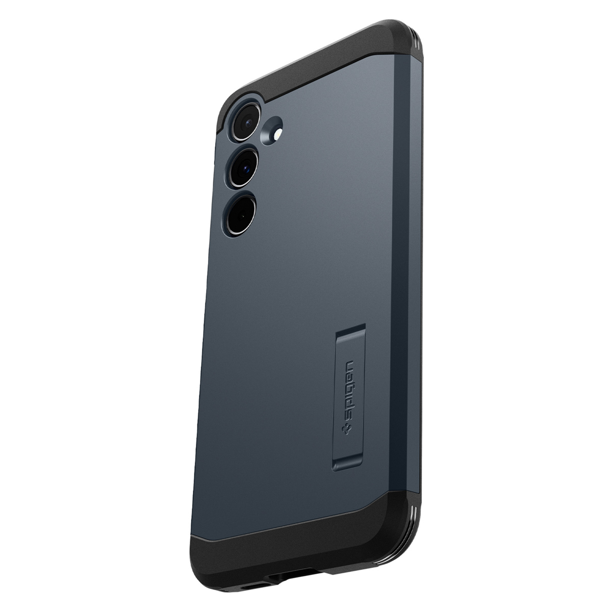 Een smartphonehoesje in blauw met zwarte afwerking, schuin om de camera en de standaard te laten zien.