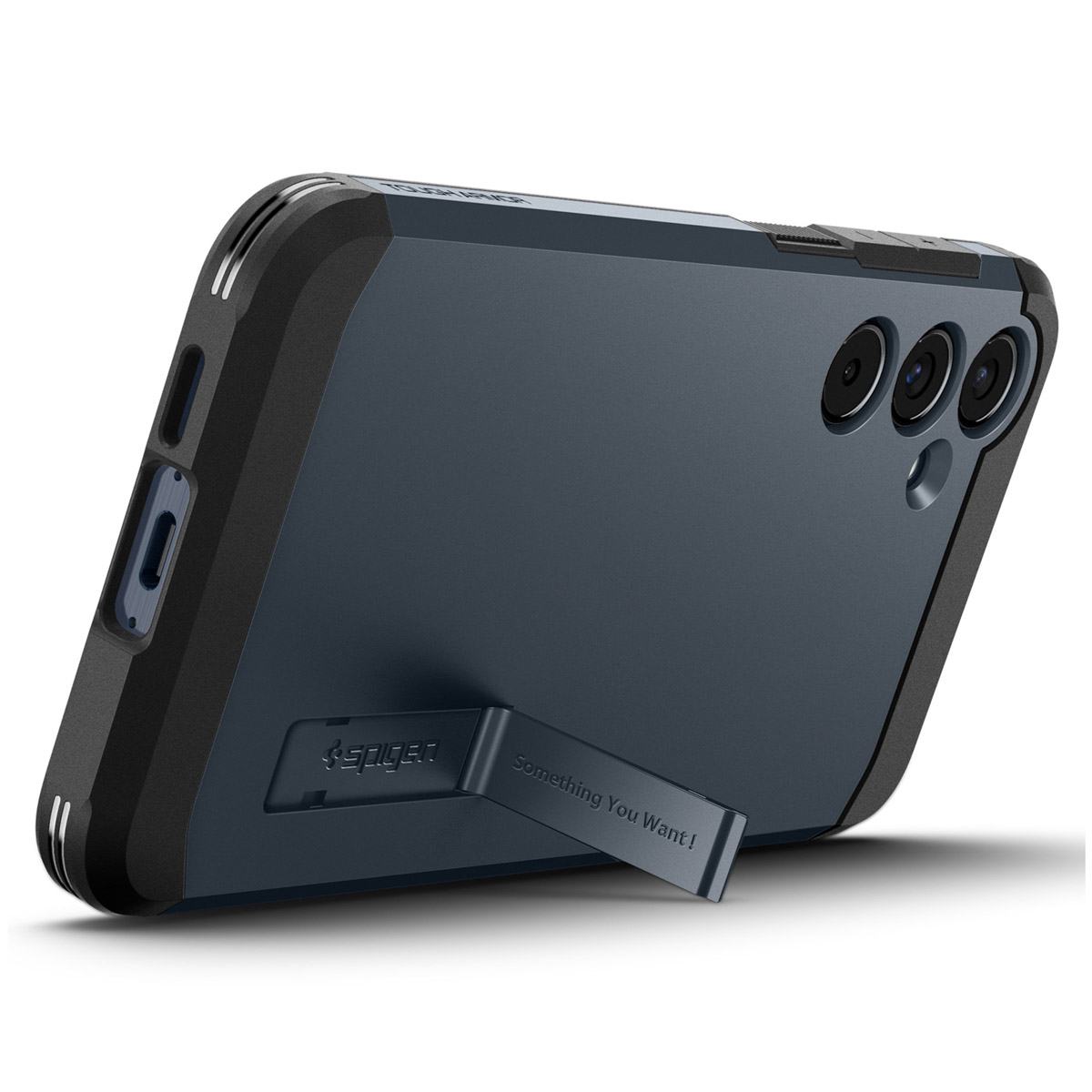 Een blauw smartphonehoesje met een kickstand. De hoes is schuin, met een camera-uitsteeksel en zijknopjes.