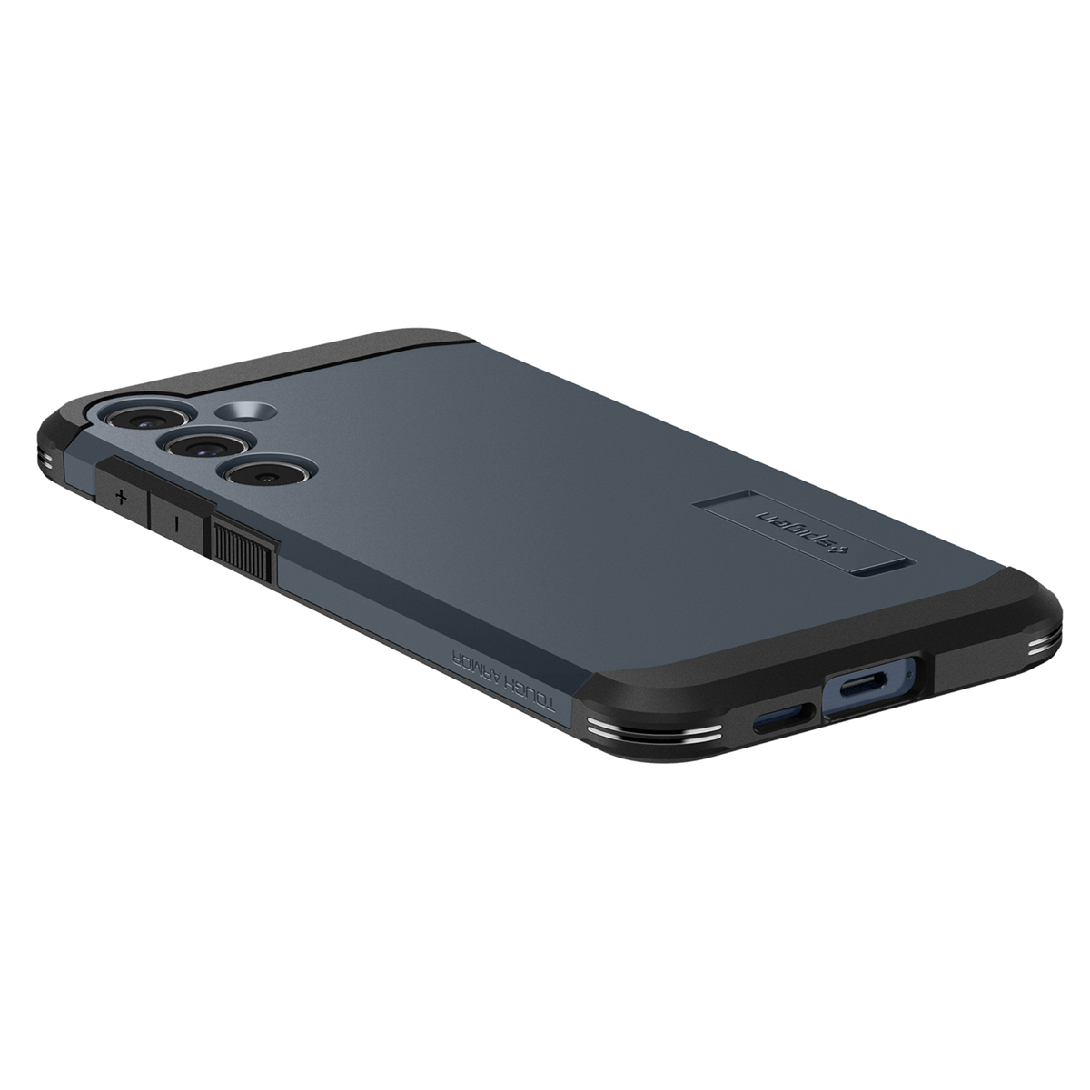 Een zwart smartphonehoesje schuin om knoppen en de camera-uitstulping te laten zien. Het heeft een kickstand aan de achterkant.