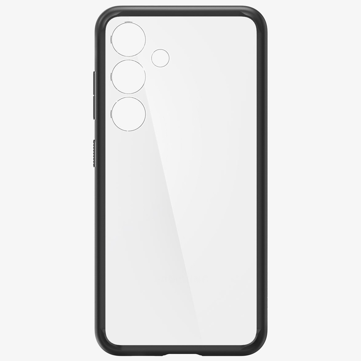 Custodia per telefono con bordi neri e retro trasparente. Sfondo bianco.