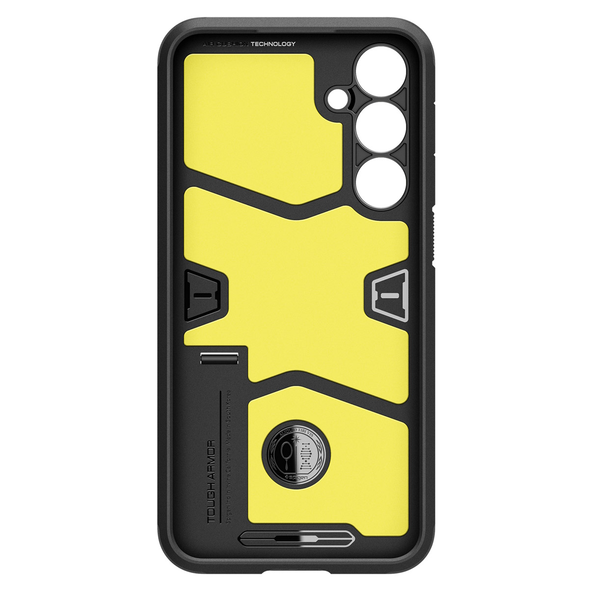 De binnenkant van een zwart smartphonehoesje met een gele binnenkant. De hoes heeft uitsparingen voor knoppen en camera.