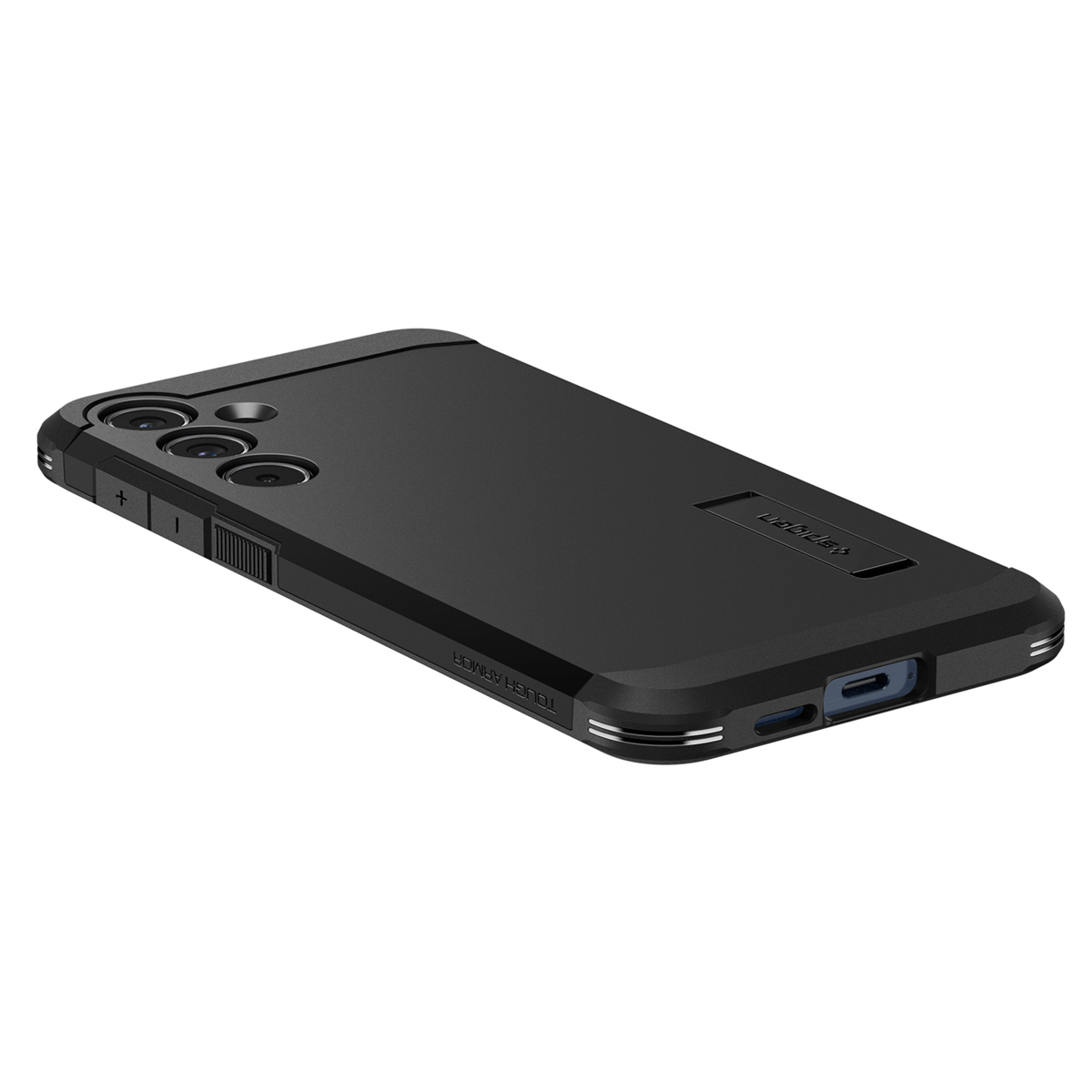 Een zwart smartphonehoesje schuin om de camera en knoppen te laten zien. De hoes is zwart.