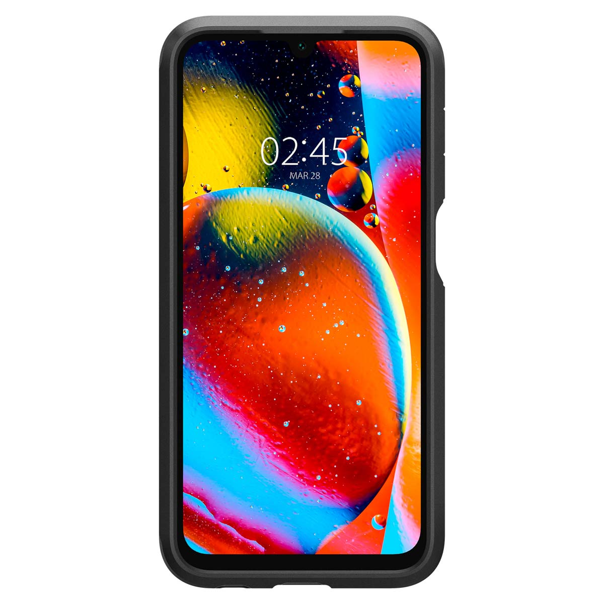 Uno smartphone con custodia, che mostra uno sfondo colorato. Il telefono mostra l'ora: 02:45 del 28 marzo.