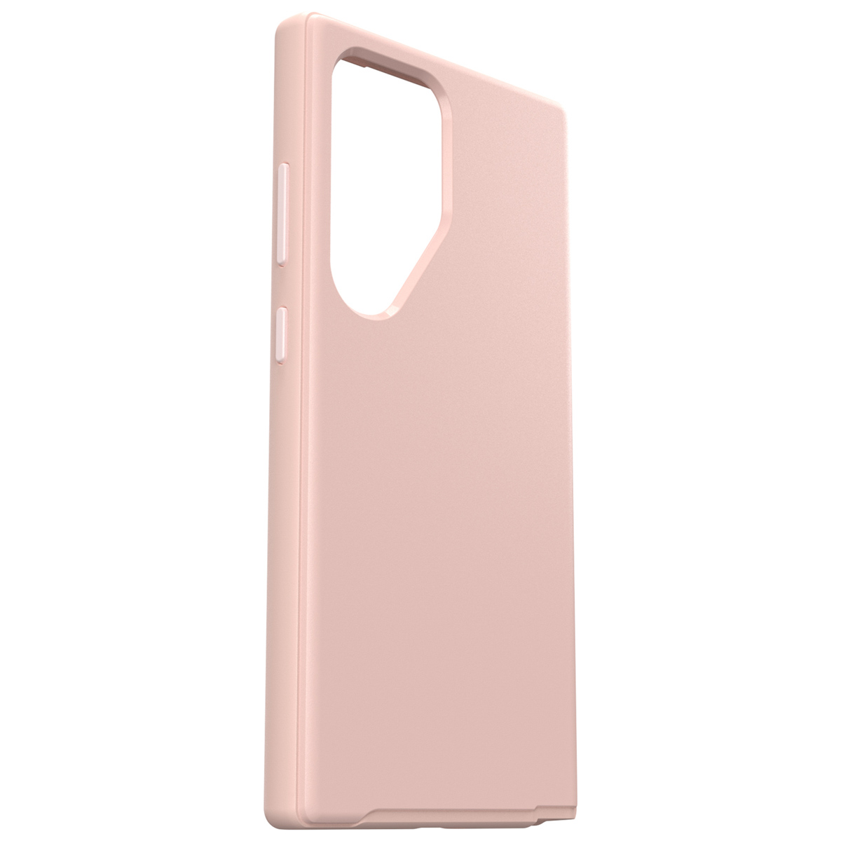 Custodia rosa per telefono. La custodia ha ritagli per la fotocamera e i pulsanti.