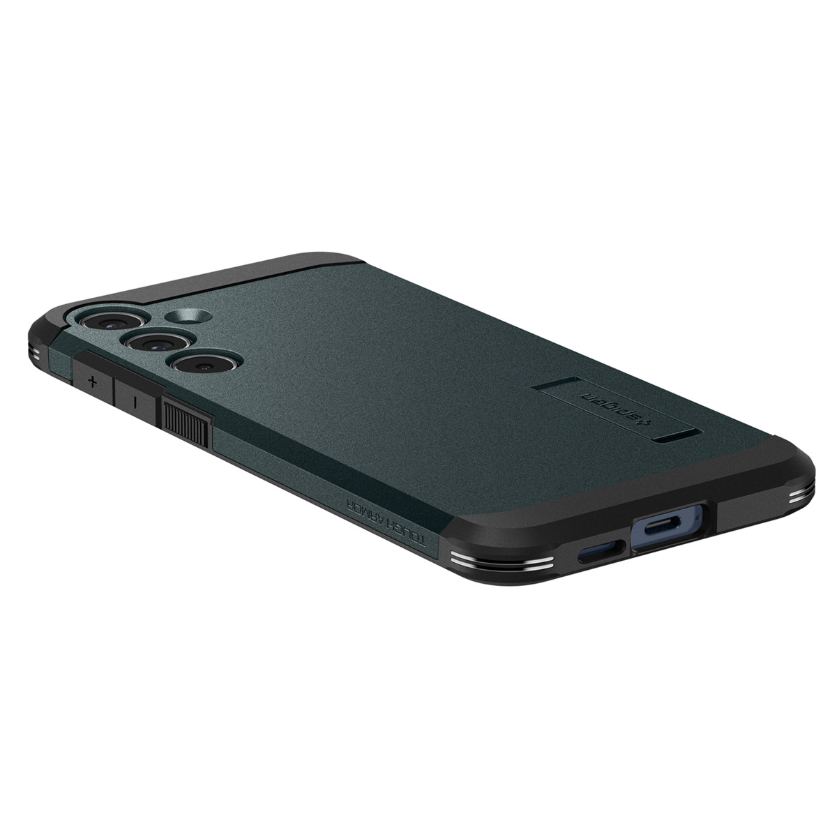 Coque de téléphone vert foncé en angle avec bords noirs et support. Logo Spigen visible.