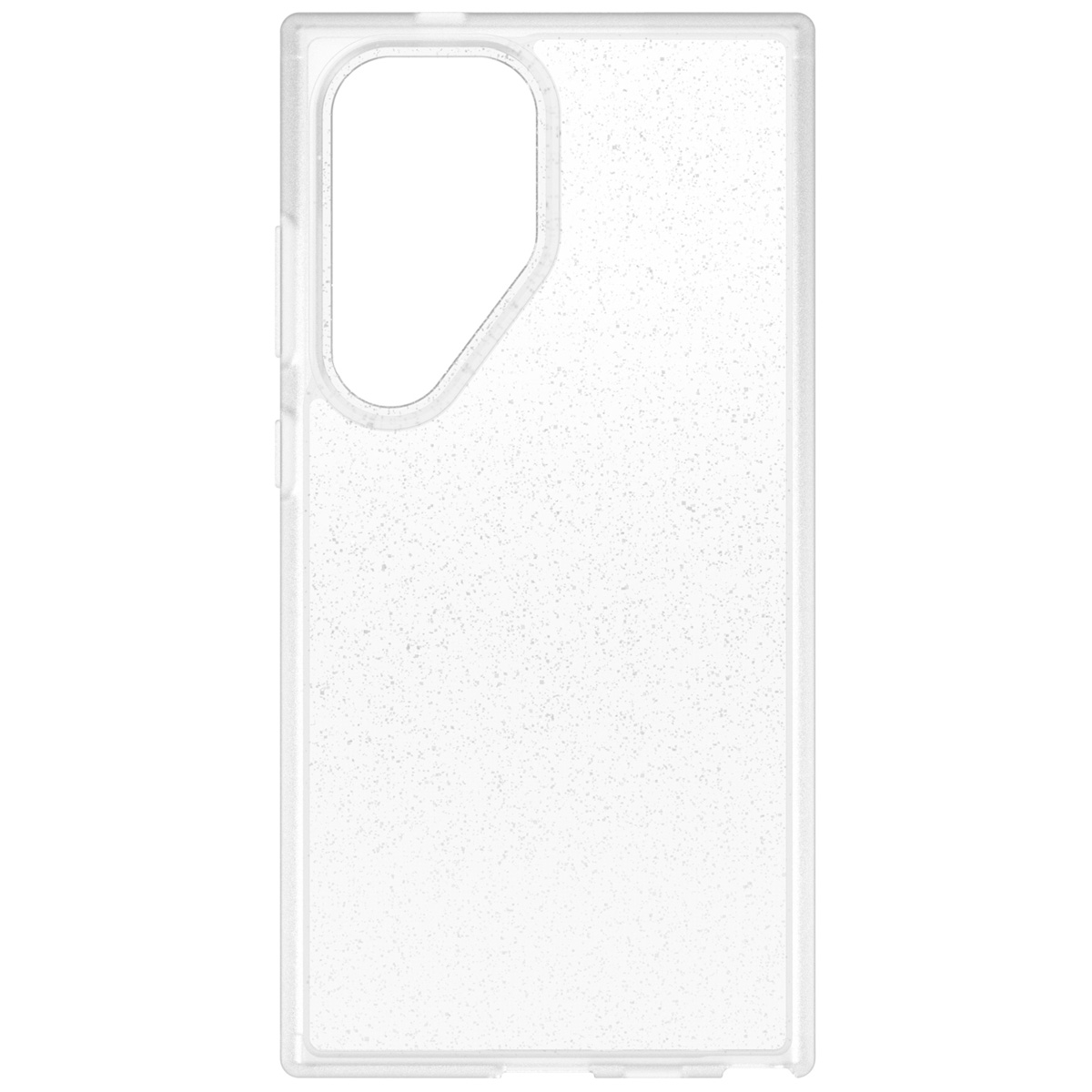 Custodia trasparente per telefono con glitter. Vista frontale, sfondo bianco.